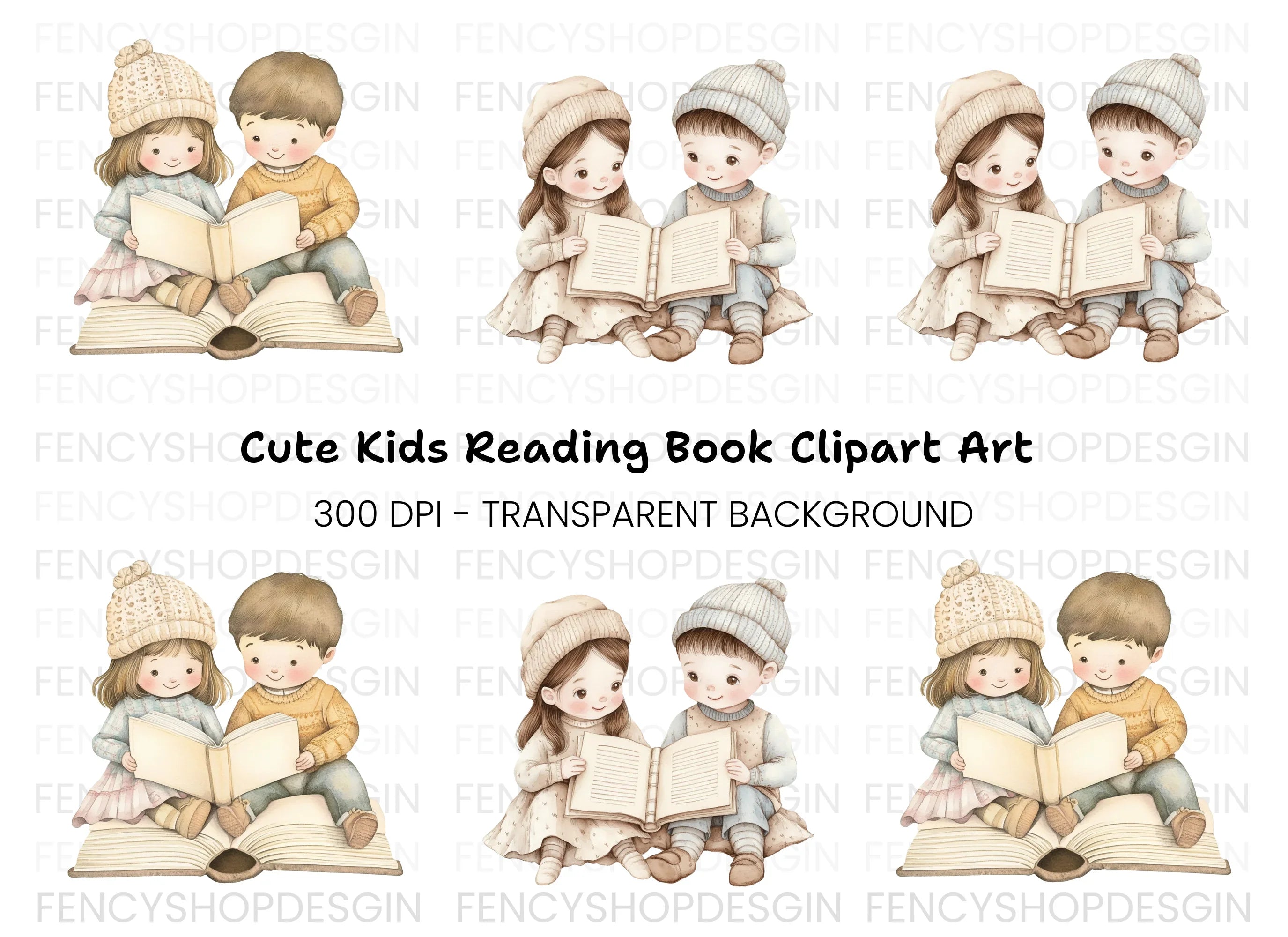 Cute Kids Reading Books Clipart Bundle