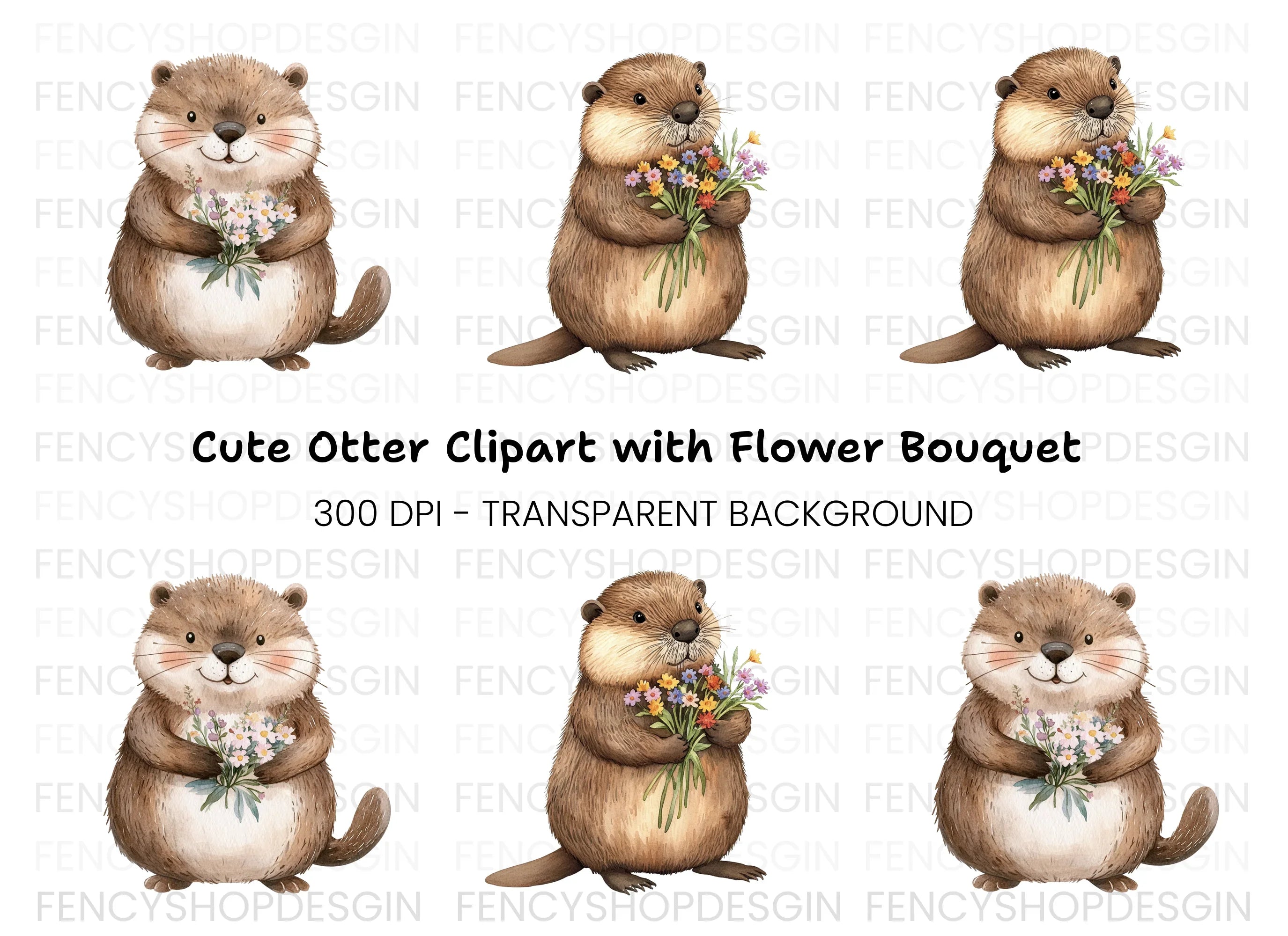Cute Otters Holding Flower Bouquets Clipart Bundle