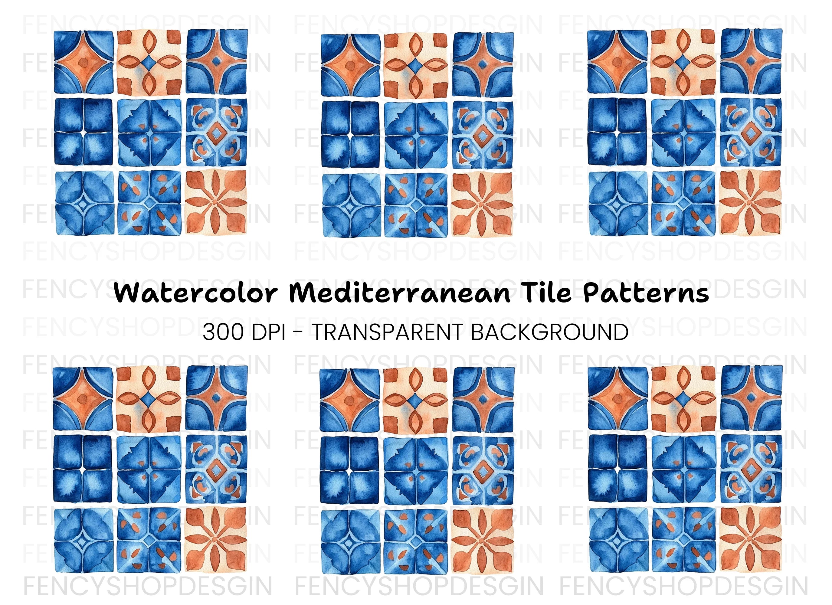 Blue and Orange Tile Patterns Clipart Bundle