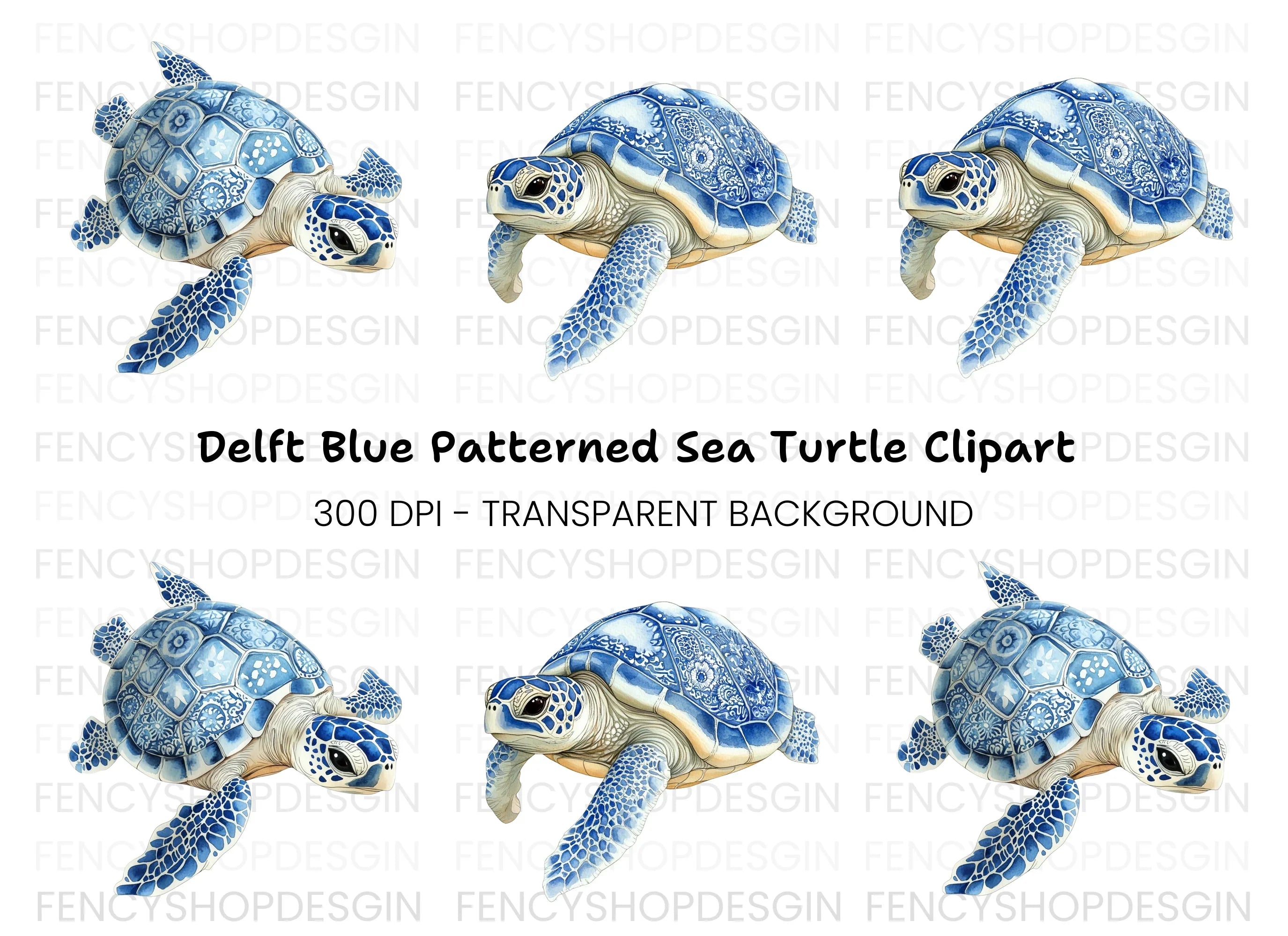 Blue White Chinoiserie Sea Turtles Clipart Bundle
