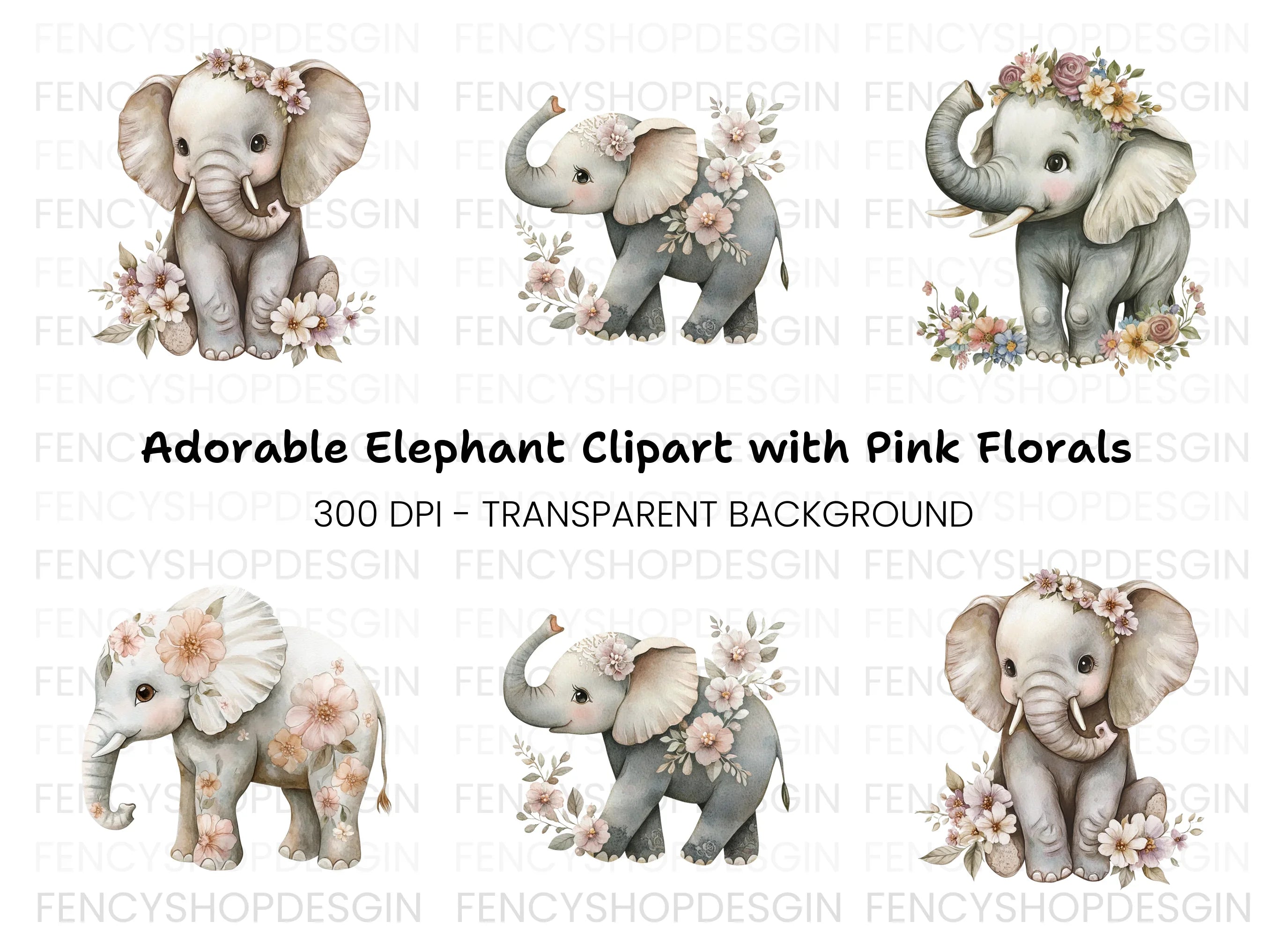 Cute Floral Elephant Clipart Bundle