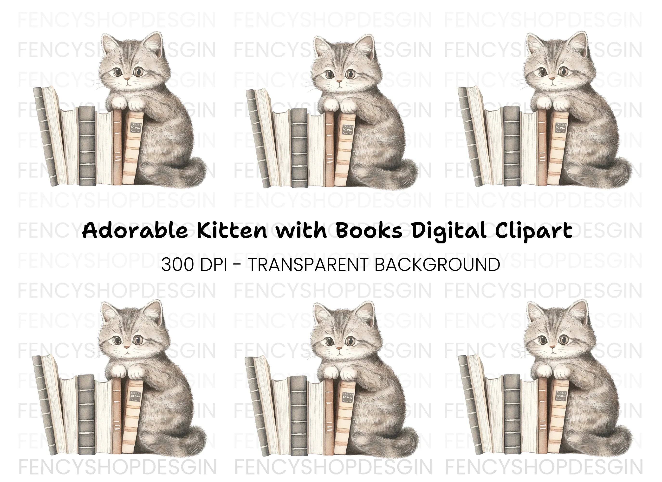 Cute Kitten with Books Clipart Bundle