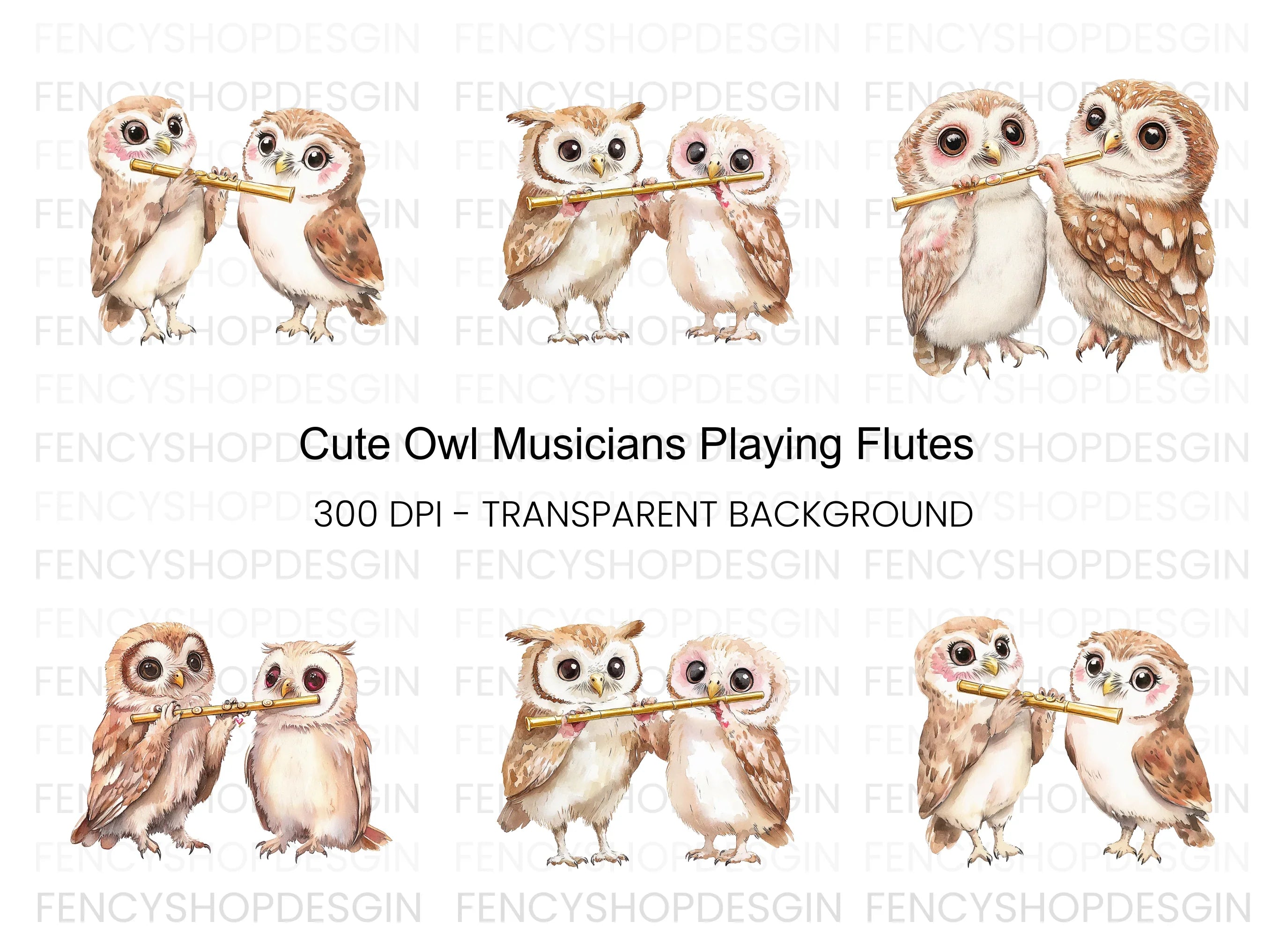 Cute Owls Playing Flute Clipart Bundle