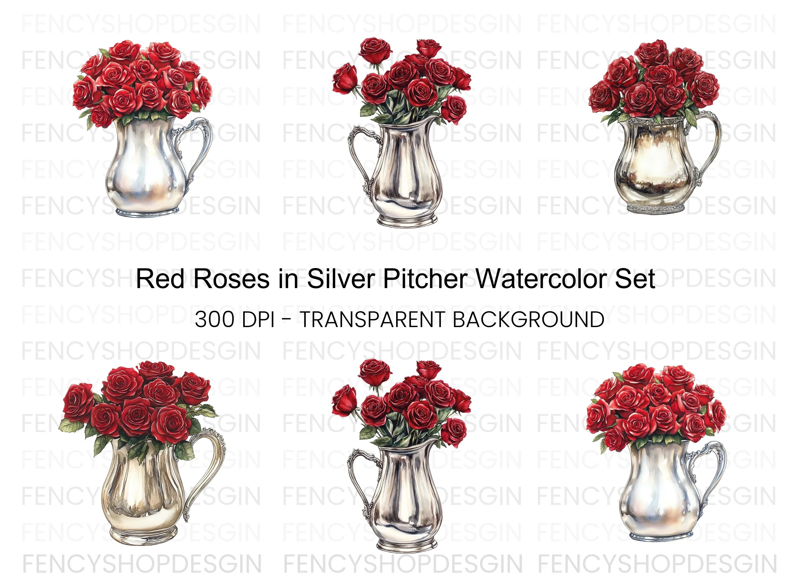 Red Roses in Silver Pitcher Clipart Bundle