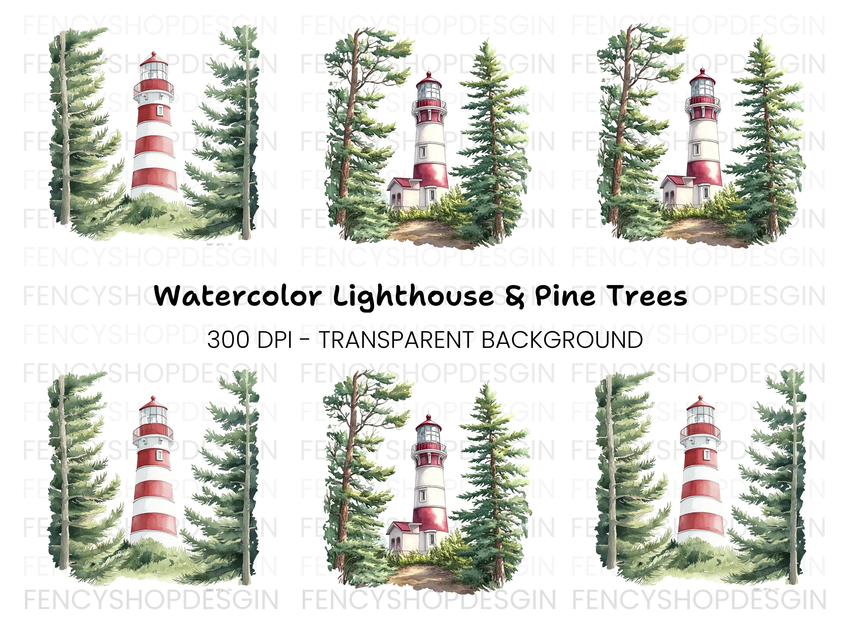 Lighthouse and Pine Trees Clipart Bundle