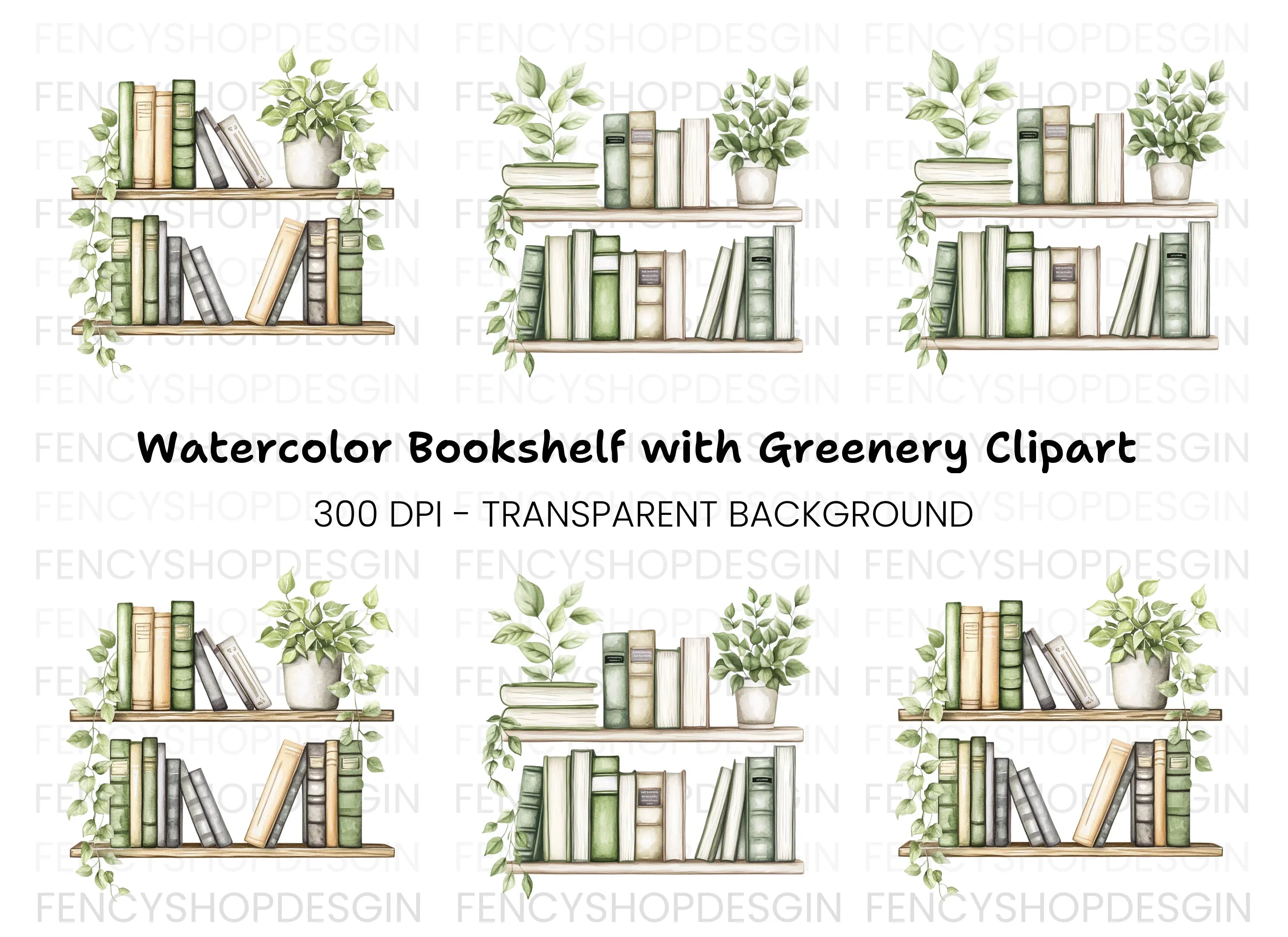 Bookshelf with Green Plants Clipart Bundle