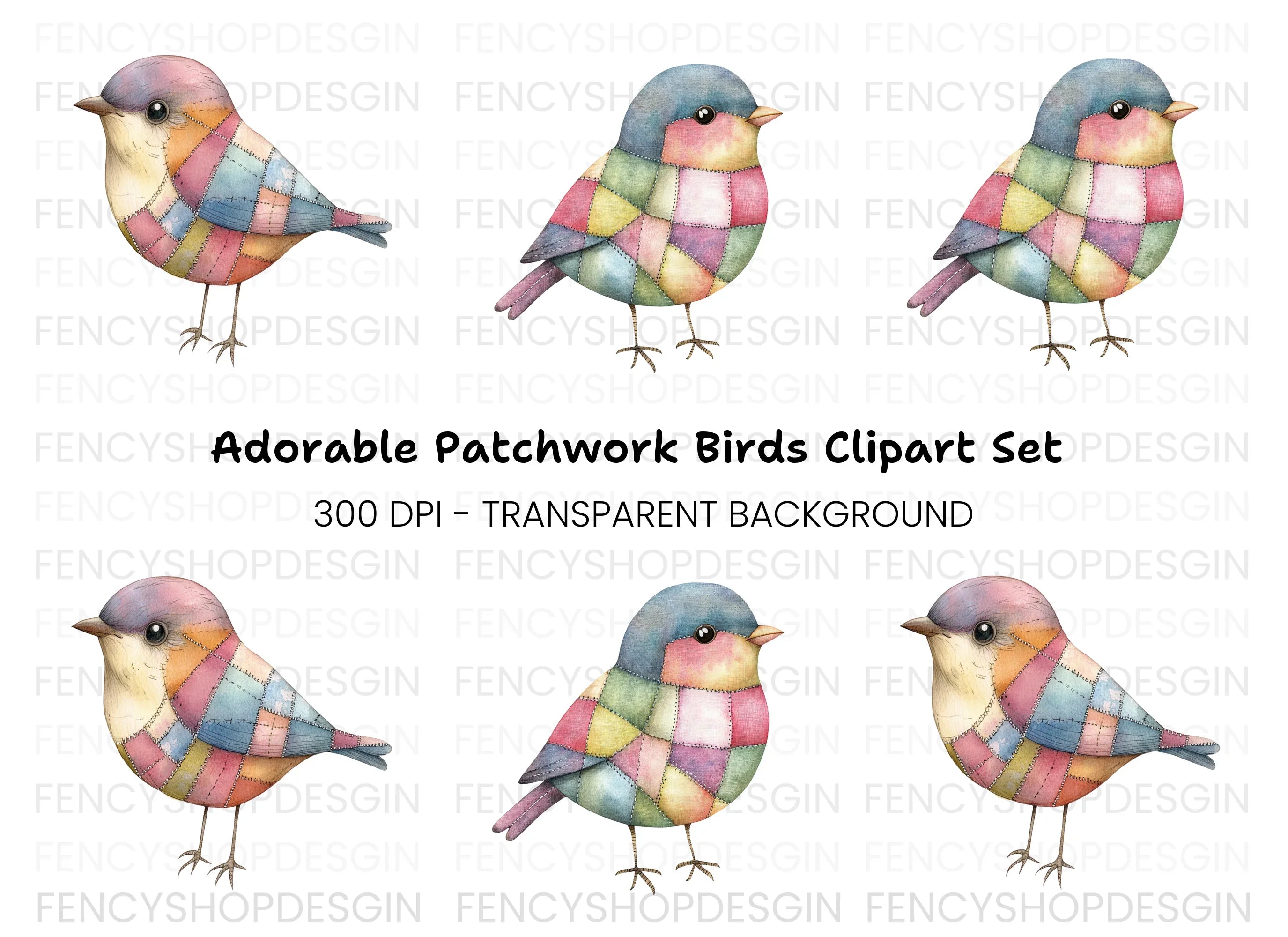 Patchwork Bird Illustrations Clipart Bundle