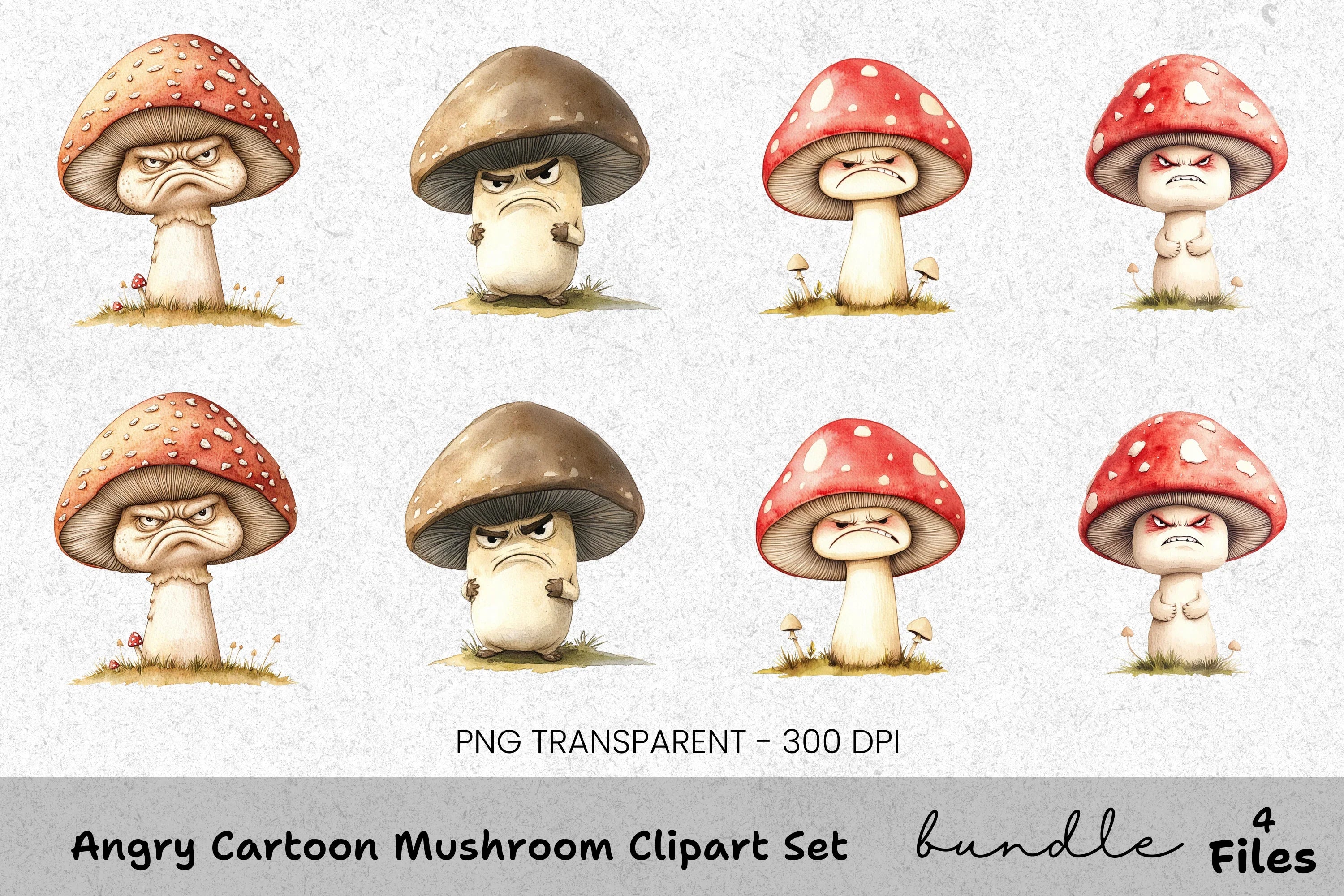 Angry Cartoon Mushroom Clipart Bundle