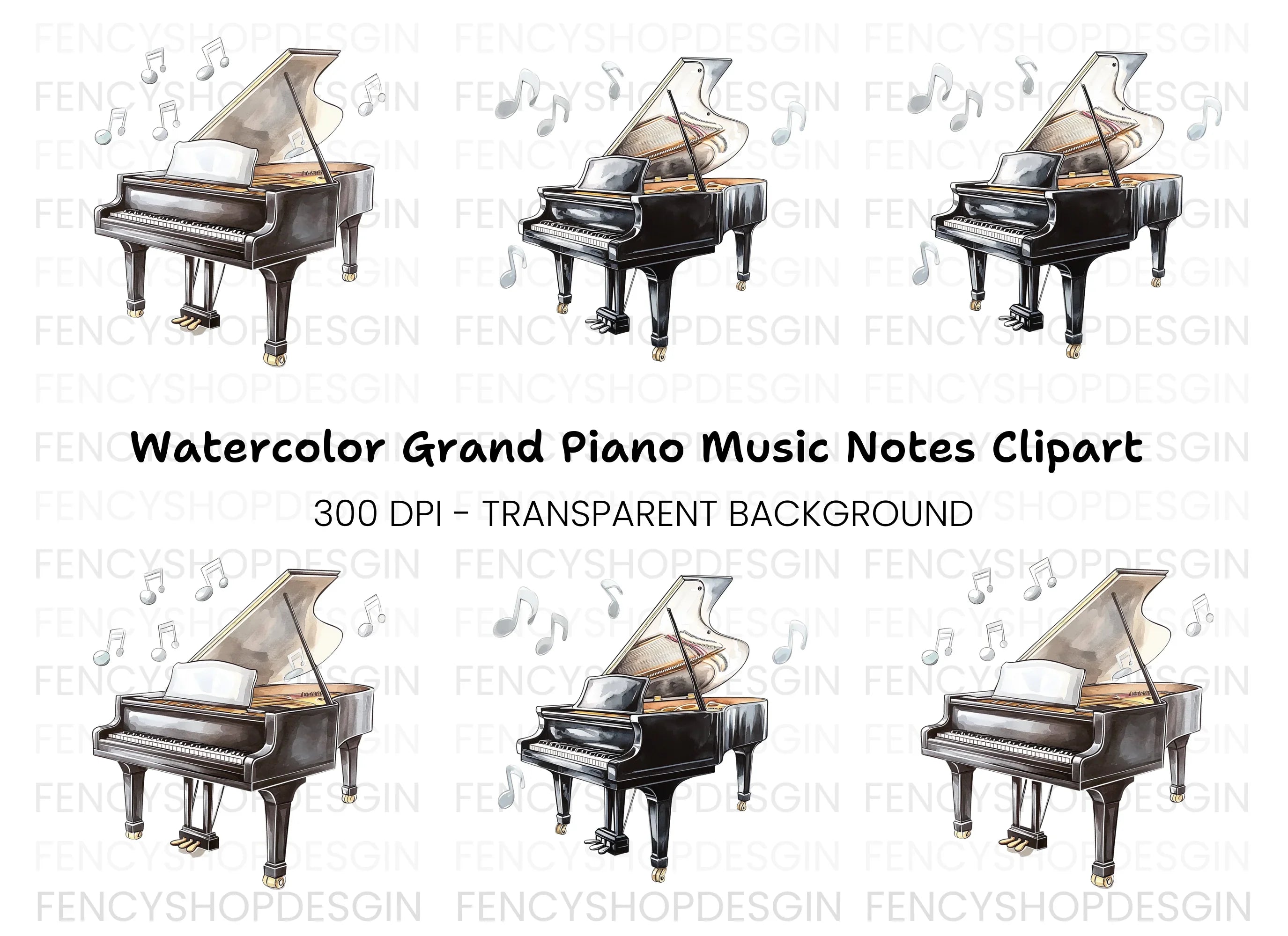 Grand Pianos with Music Notes Clipart Bundle