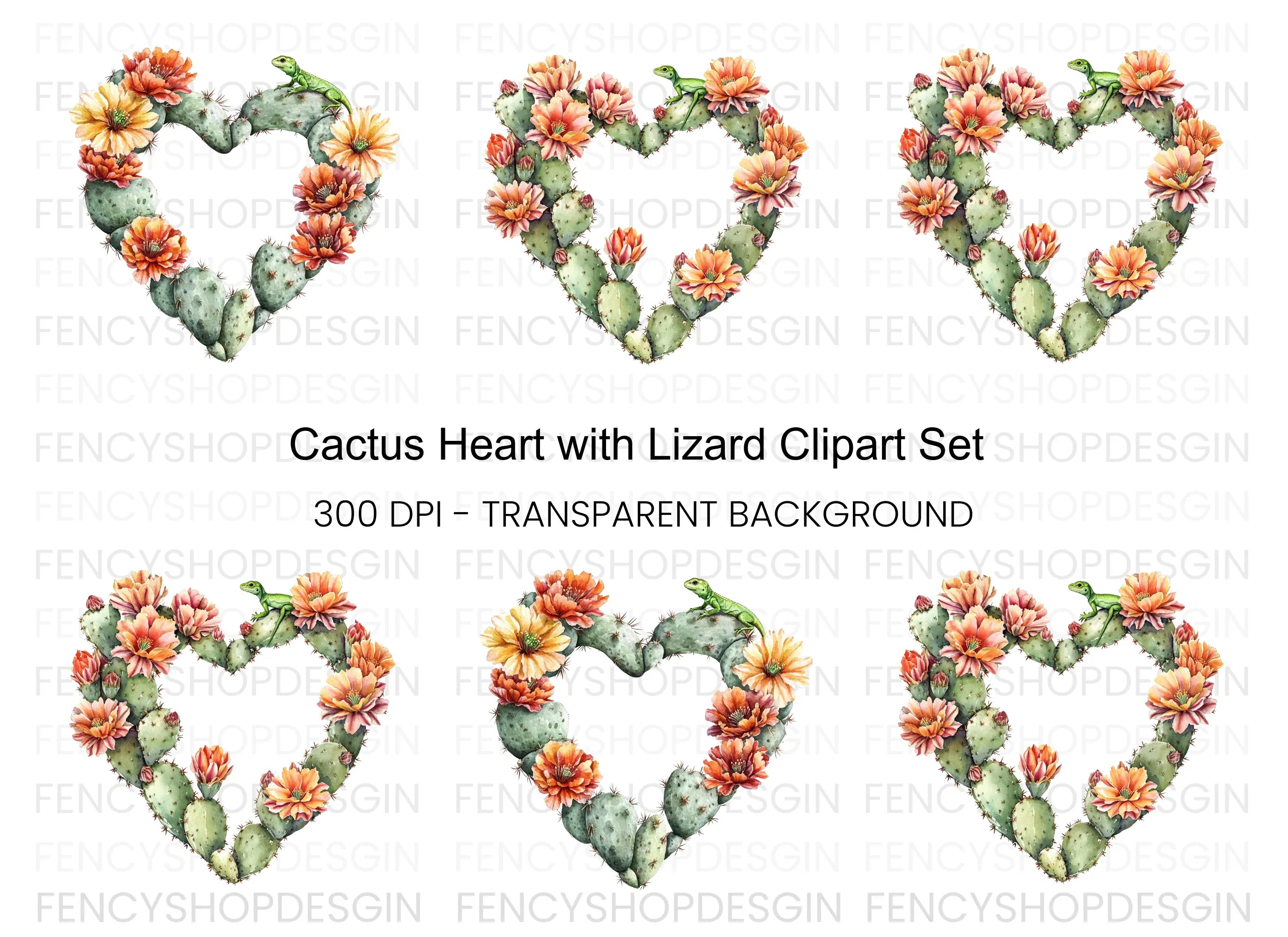 Cactus Heart with Lizard Clipart Bundle