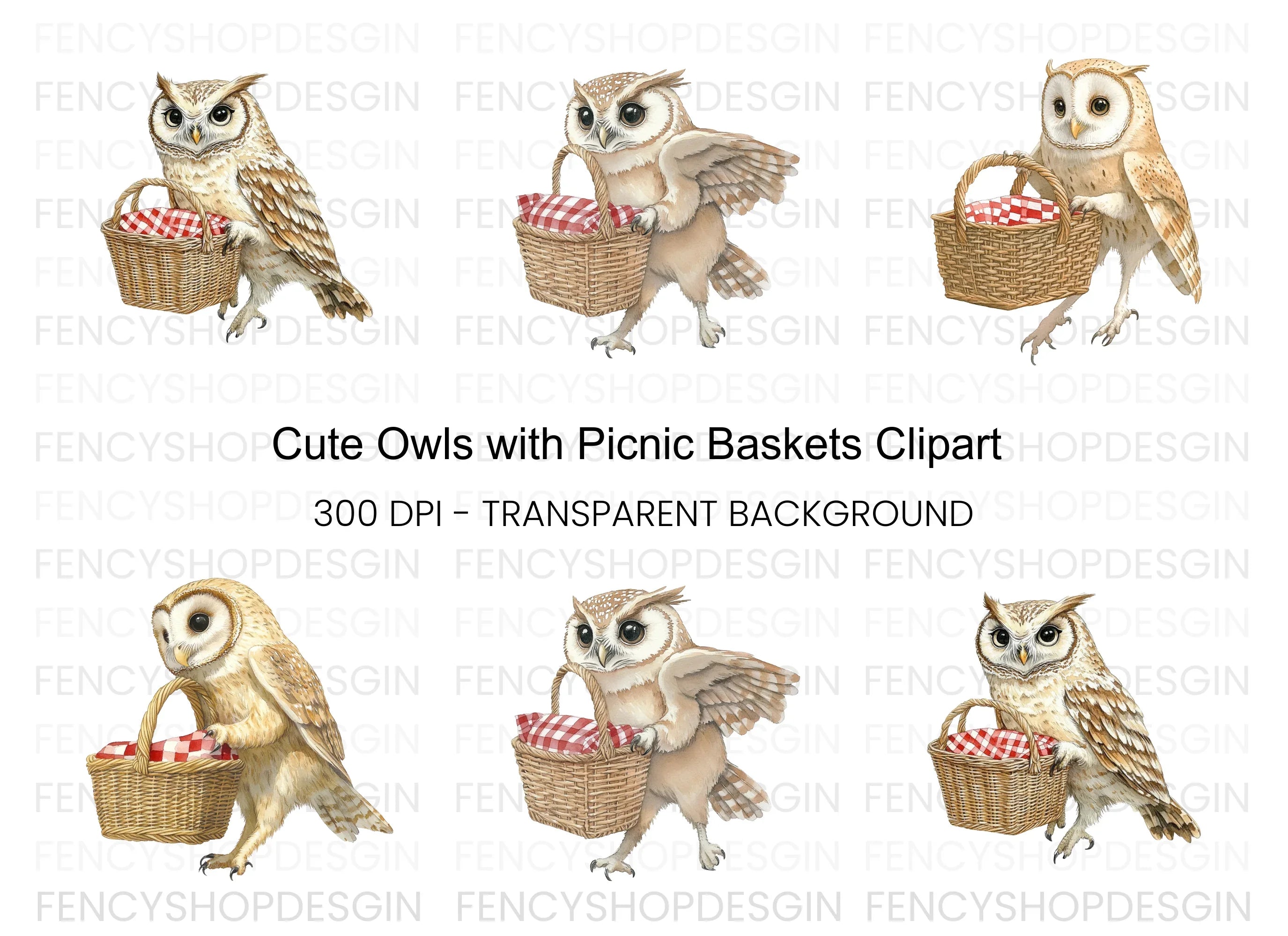 Cute Owls with Picnic Baskets Clipart Bundle