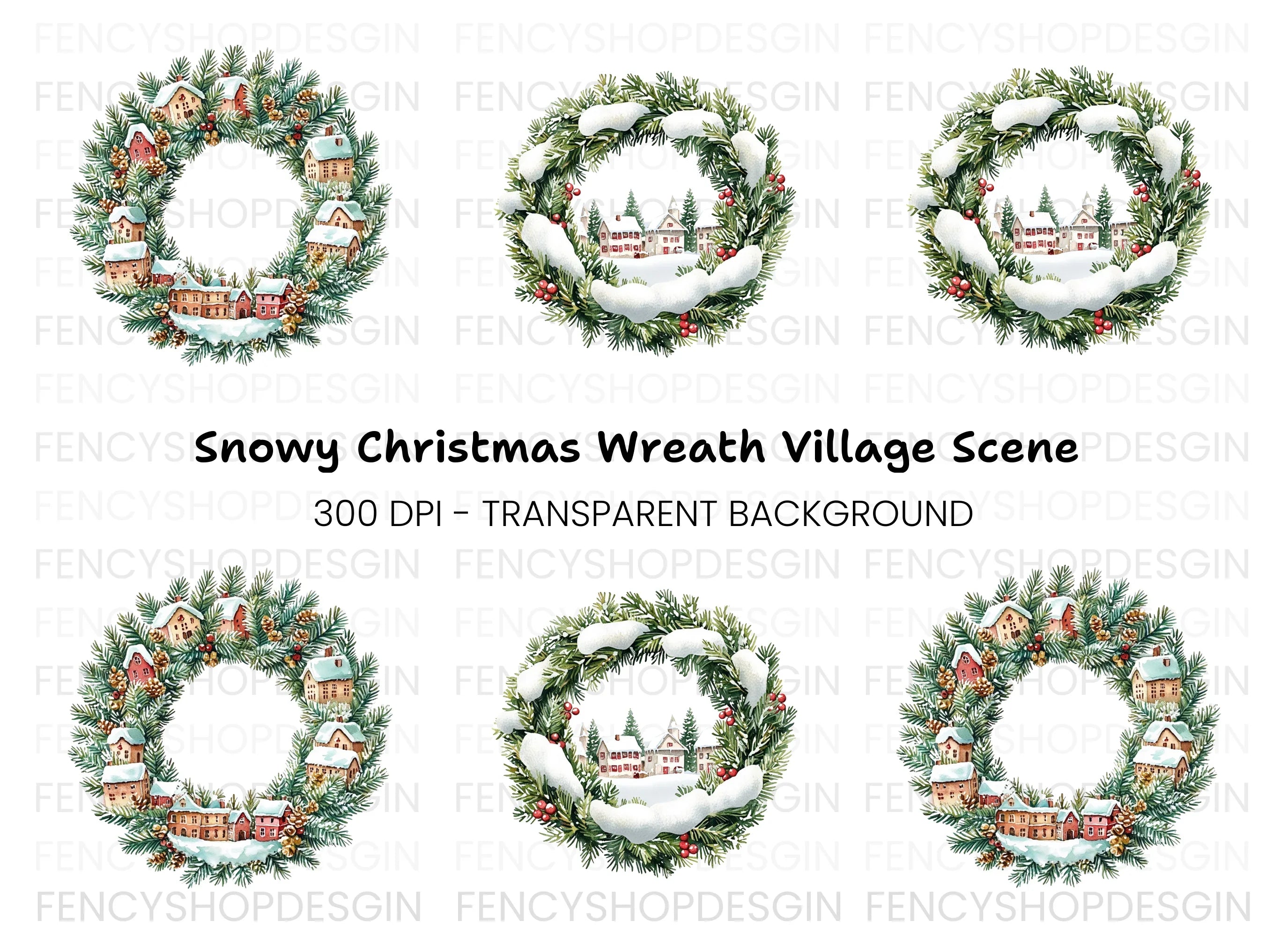 Christmas Village Wreath Clipart Bundle
