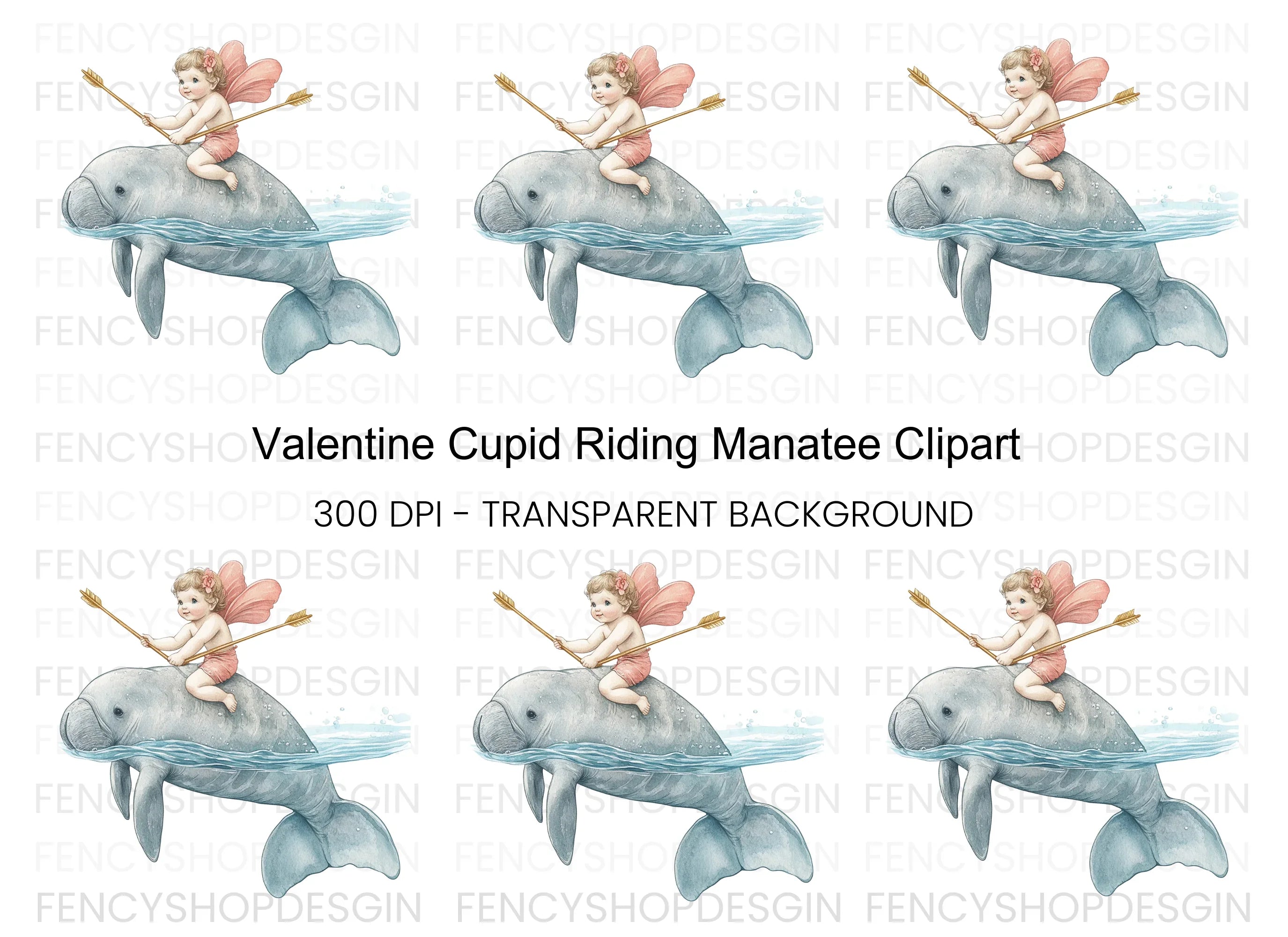 Cupid Riding Manatee Clipart Bundle