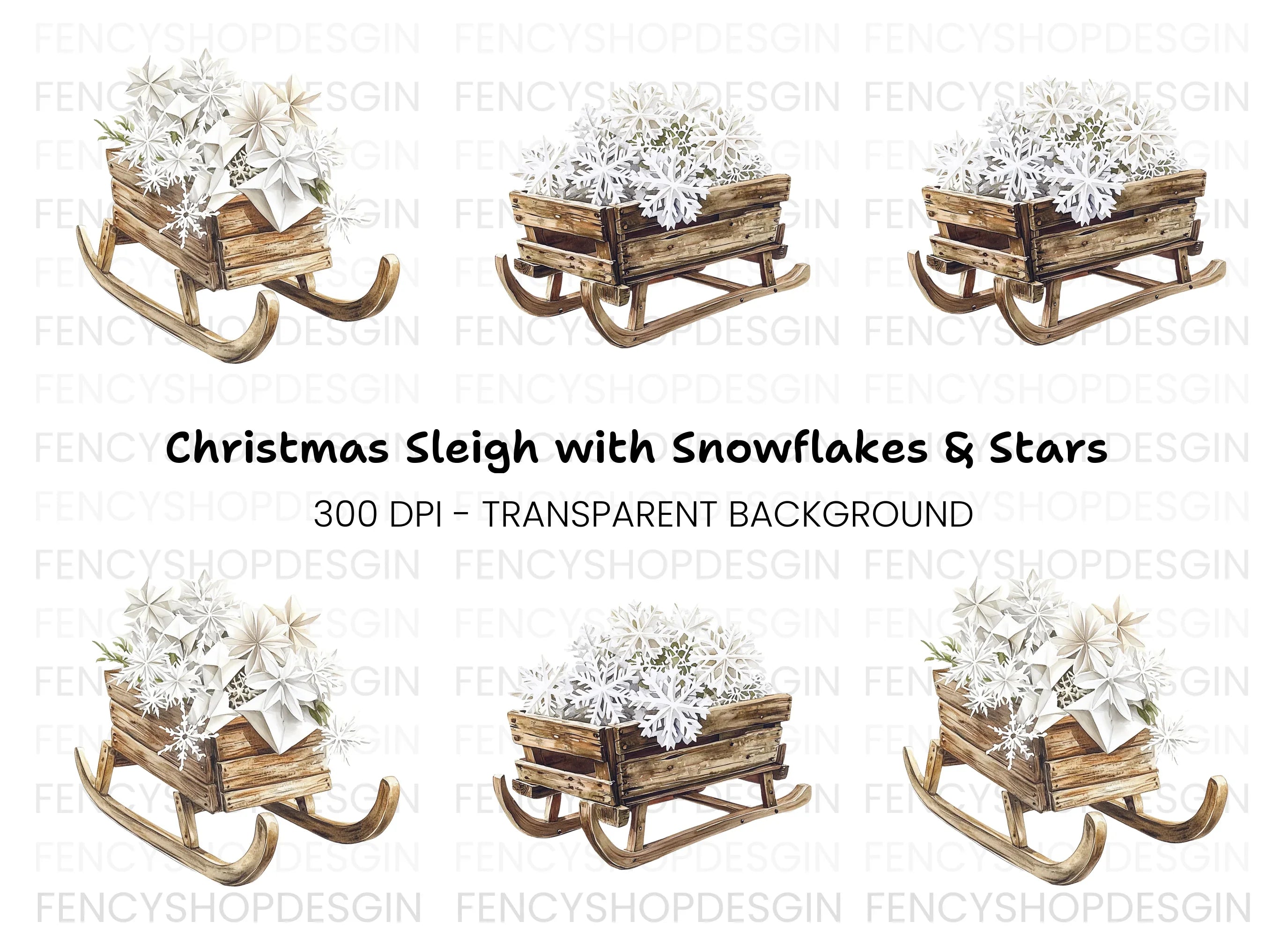 Winter Sleigh with Snowflakes Clipart Bundle