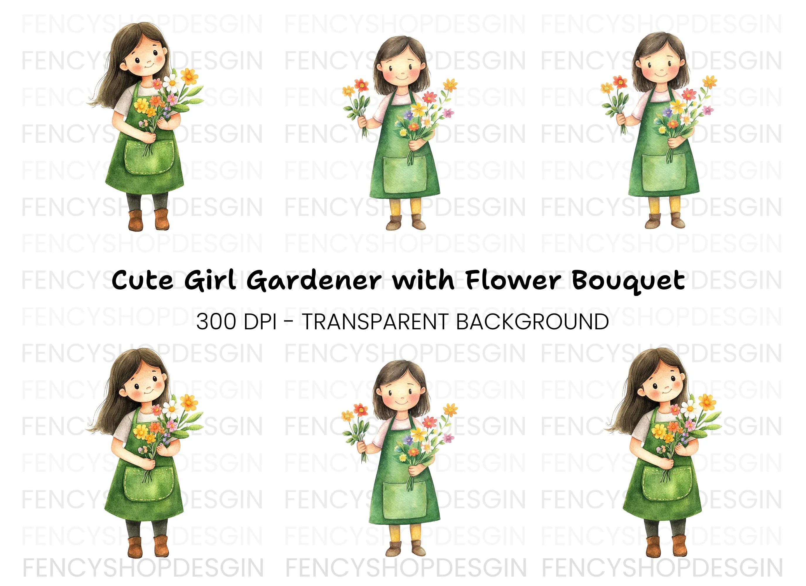 Cute Girls with Flower Bouquets Clipart Bundle
