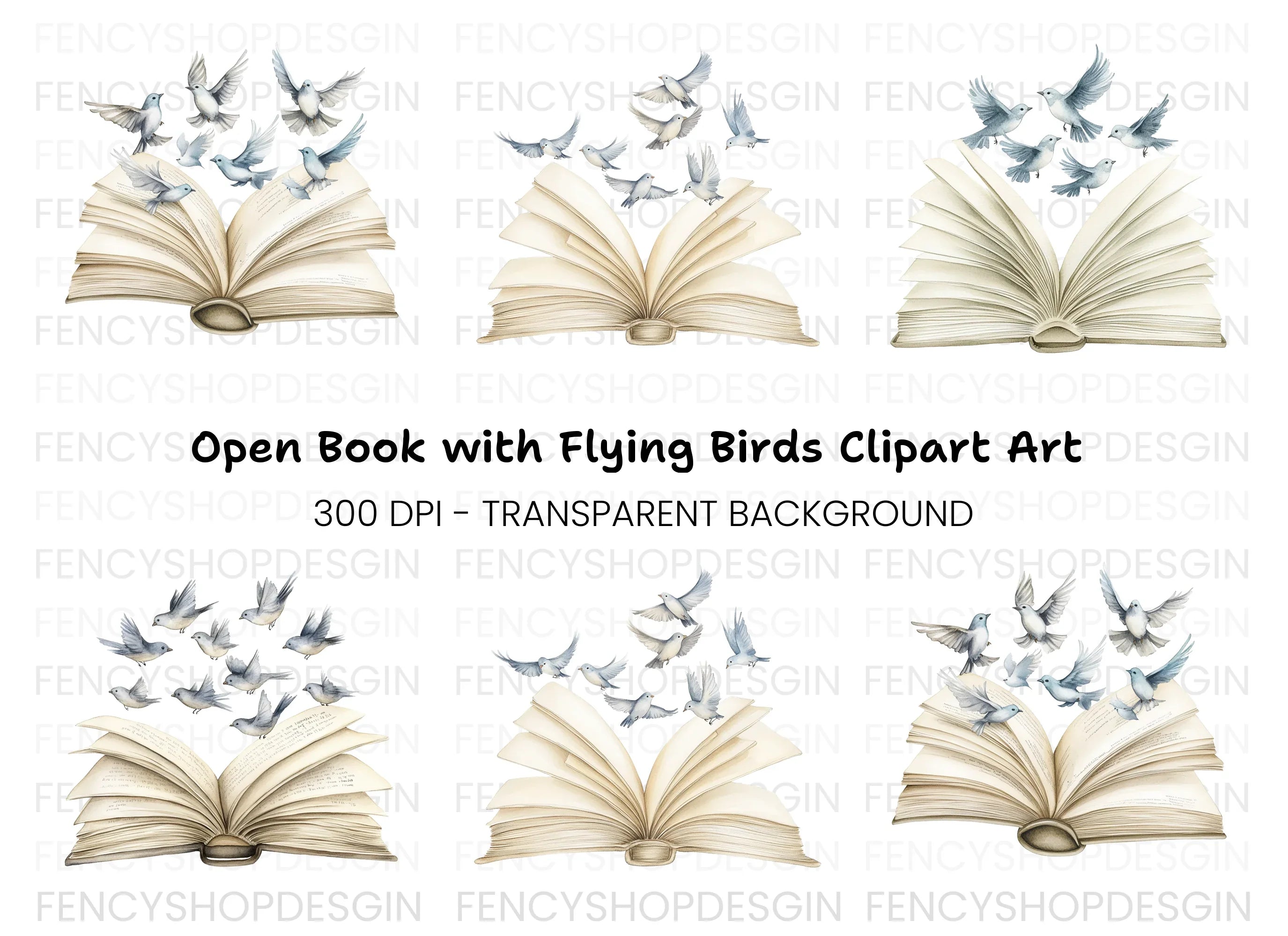 Open Books with Flying Doves Clipart Bundle
