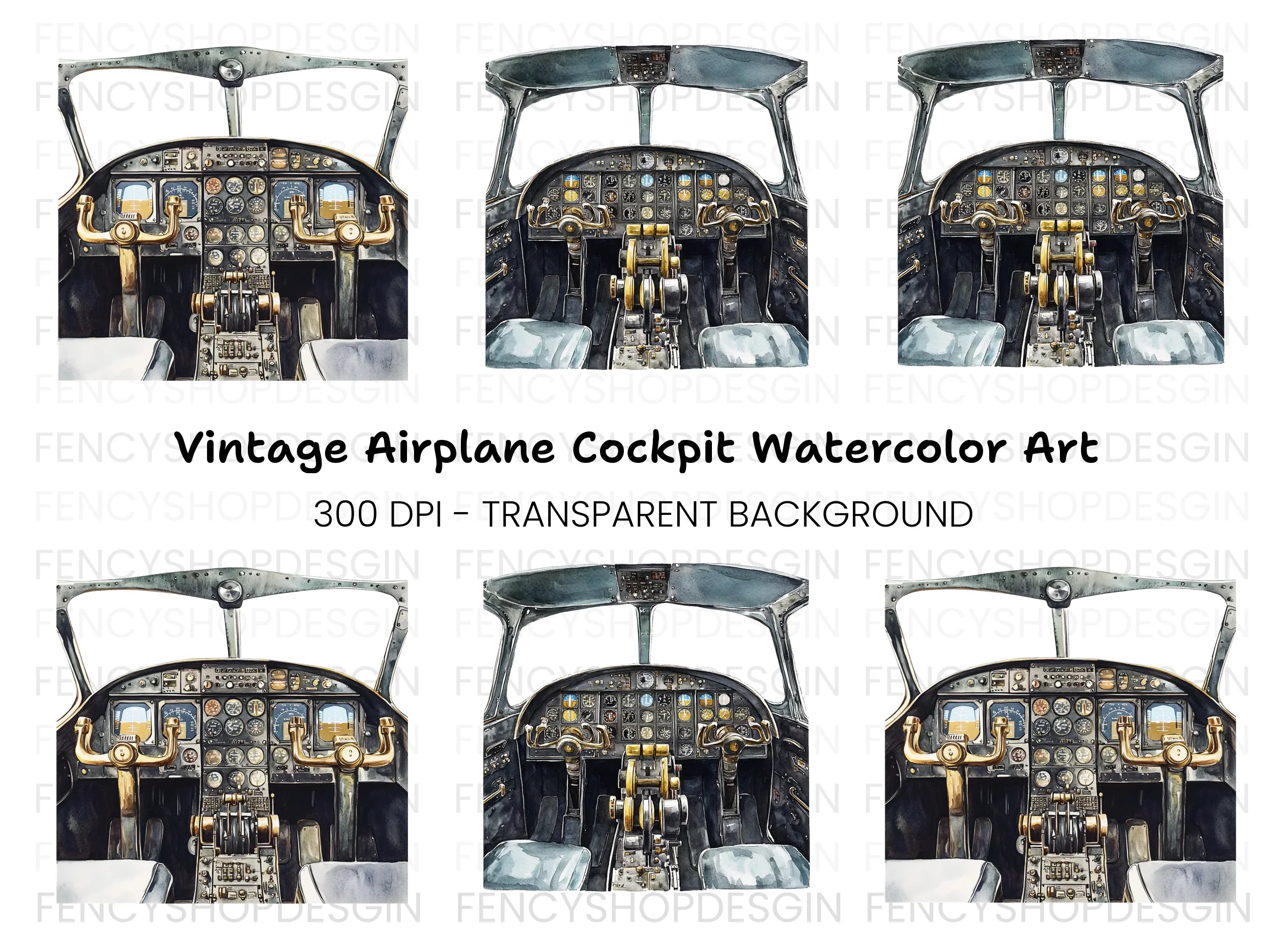 Vintage Airplane Cockpit Clipart Bundle