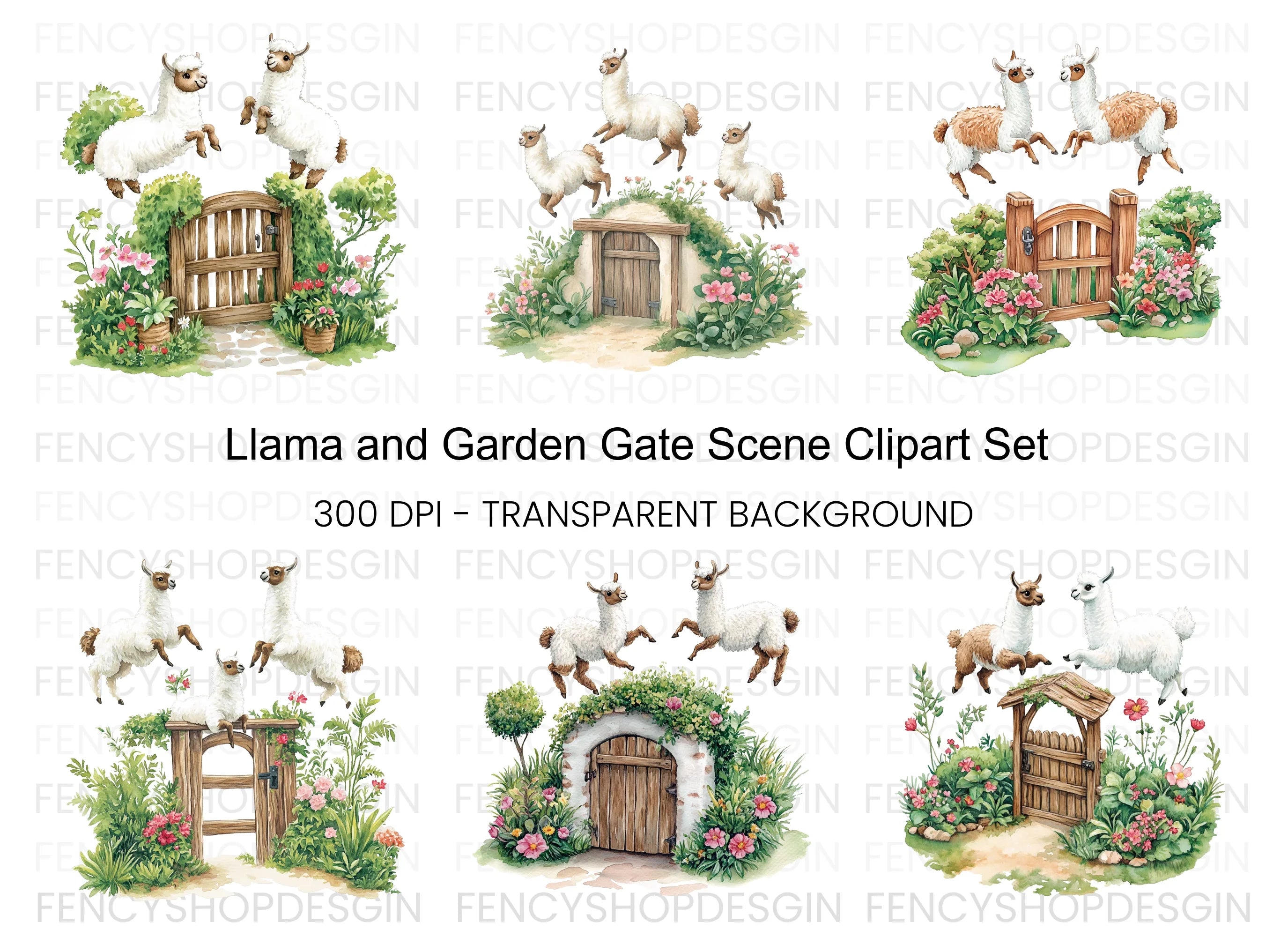 Llamas and Rustic Garden Gates Clipart Bundle