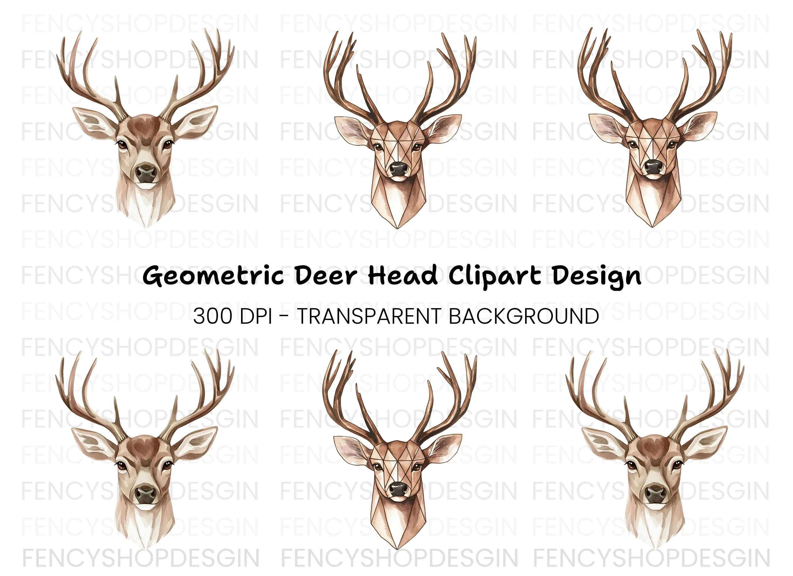 Deer Head Geometric Realistic Clipart Bundle