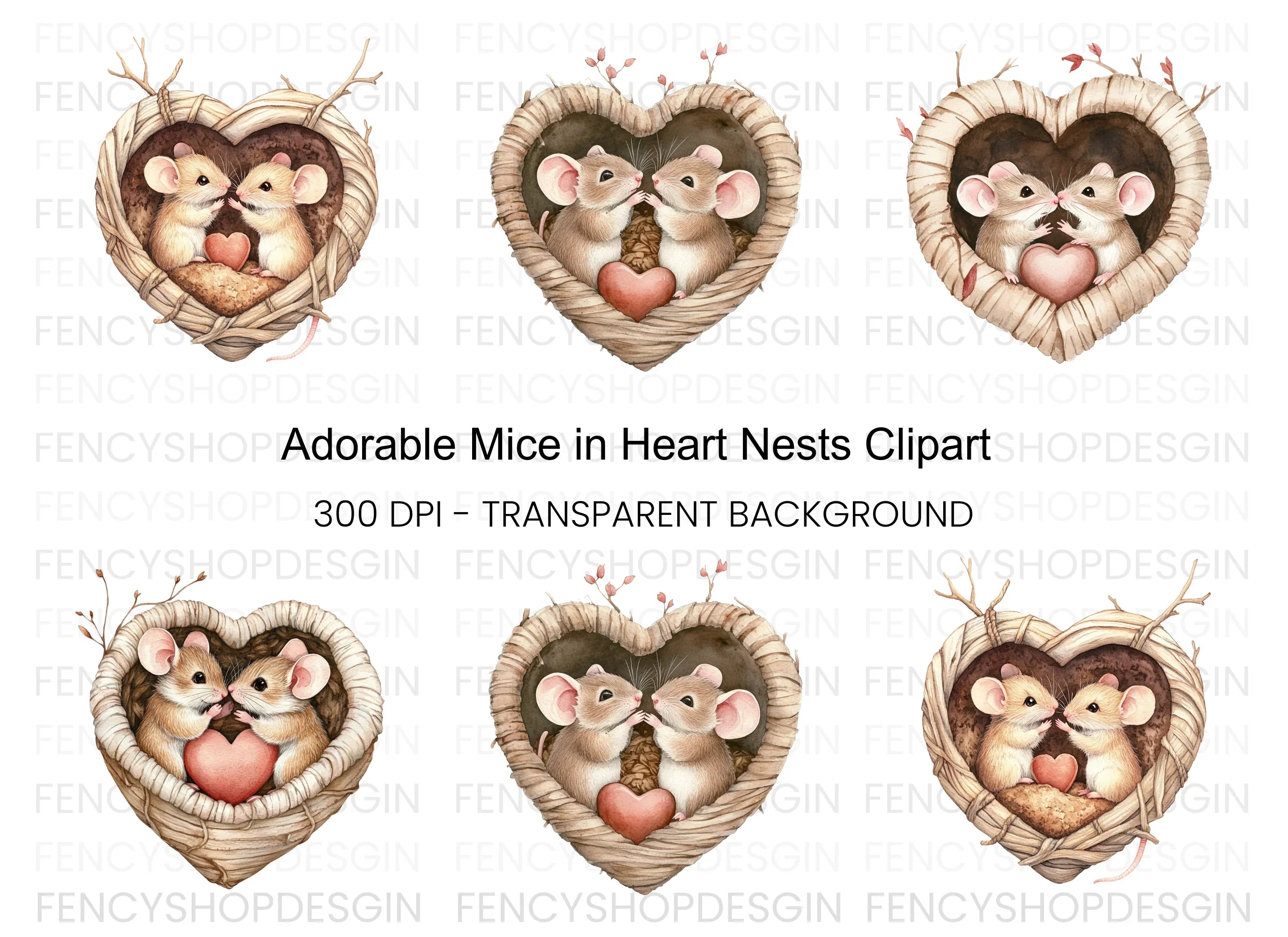 Romantic Mice in Heart Nest Clipart Bundle
