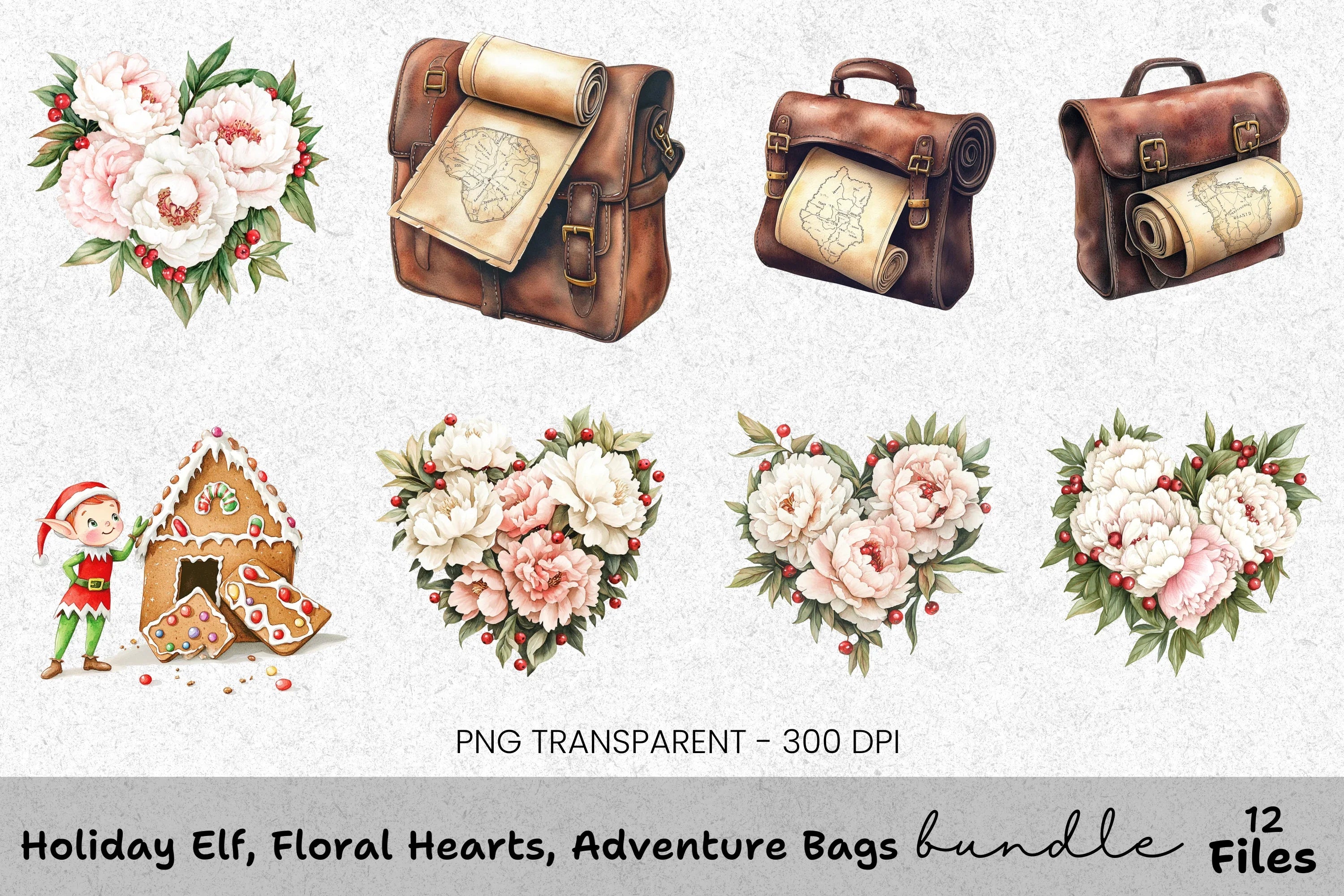 Holiday Elf Floral Hearts Adventure Bags Clipart Bundle
