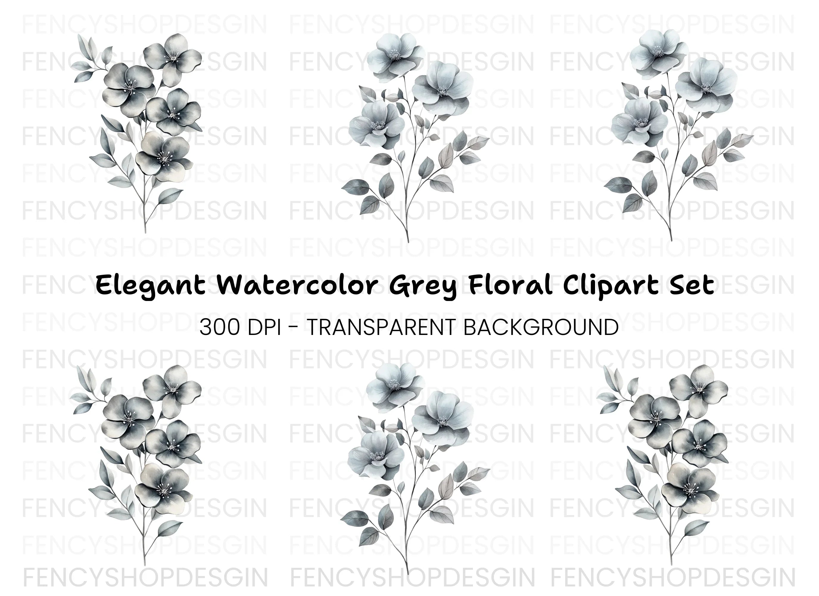 Subtle Grey Flower Bouquets Clipart Bundle