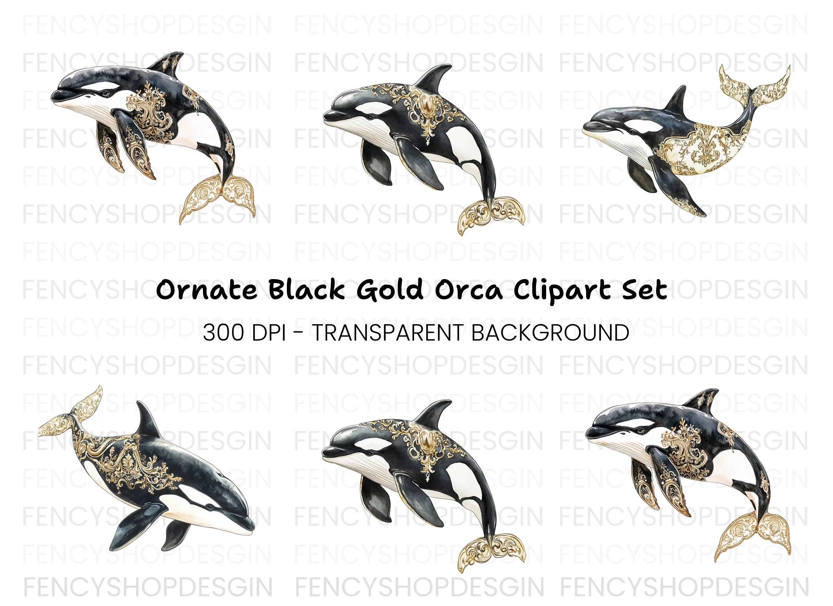 Ornate Gold and Black Orca Whale Clipart Bundle