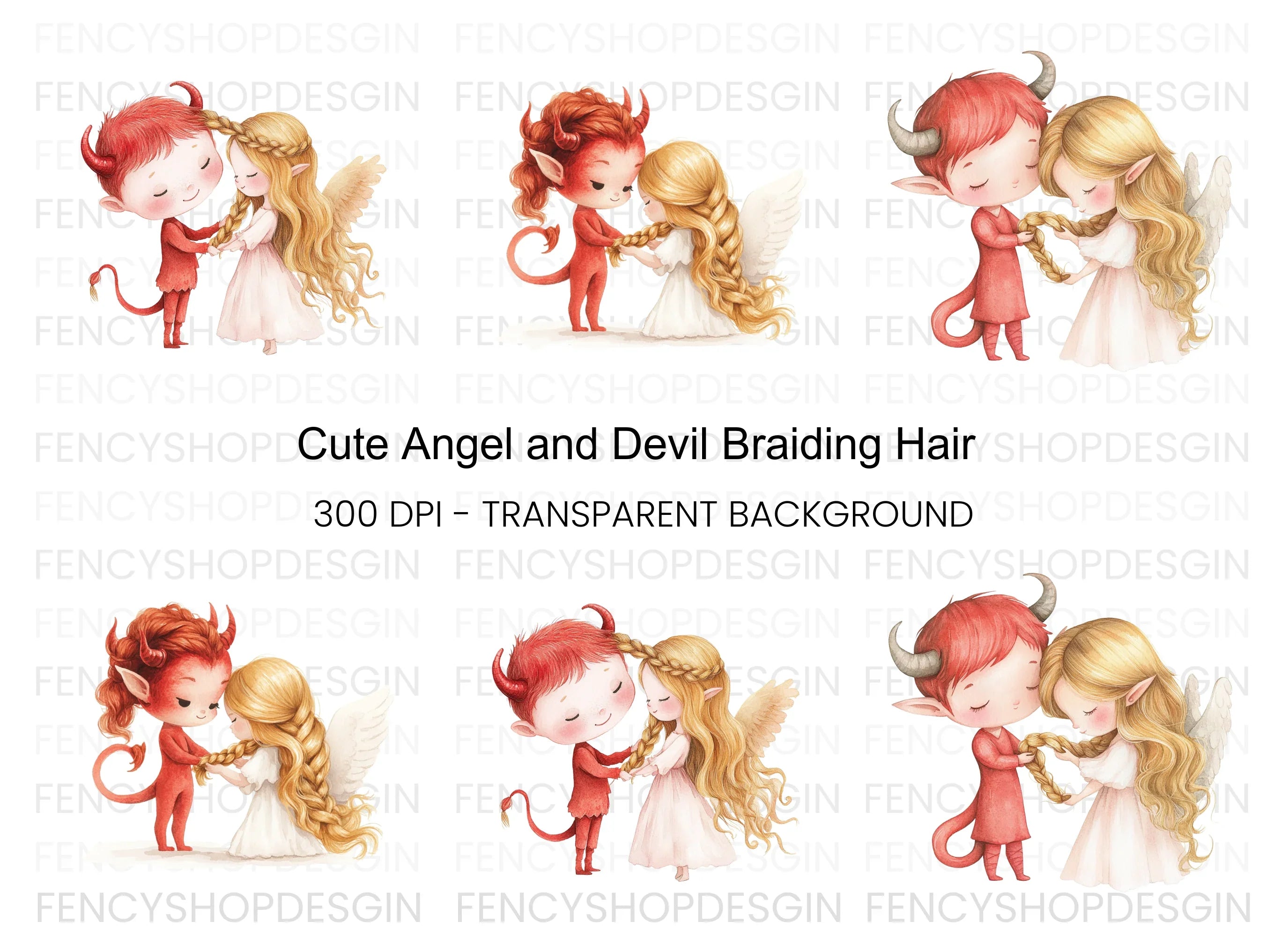 Cute Angel and Devil Braiding Hair Clipart Bundle