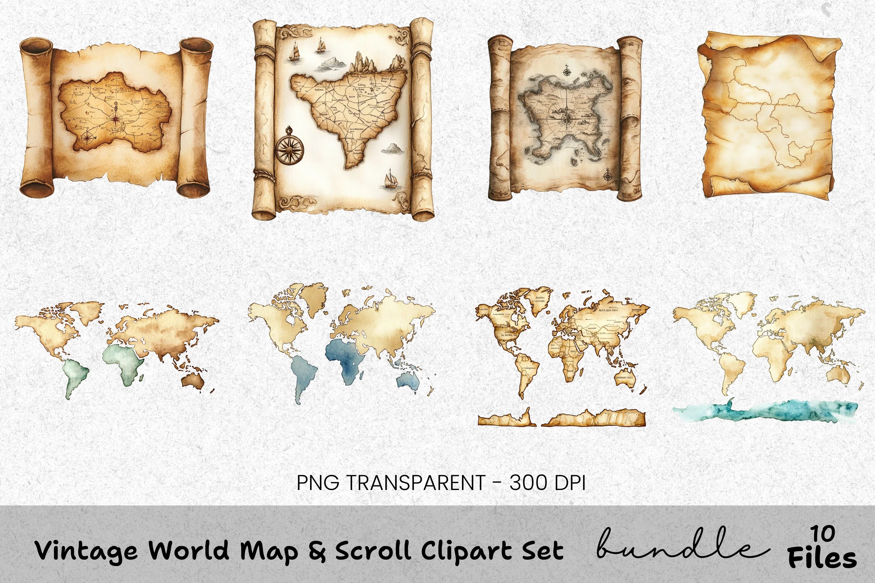 Vintage World Map Scroll Clipart Bundle