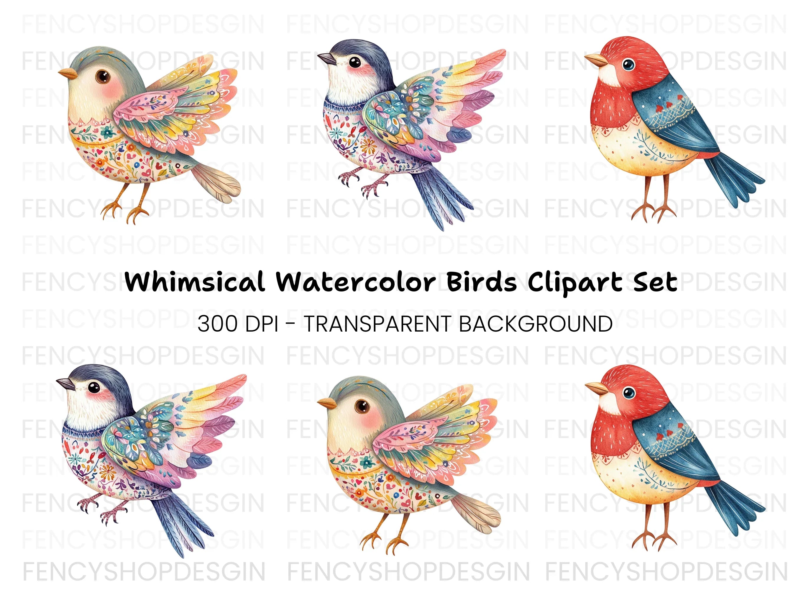 Decorative Folk Birds Clipart Bundle