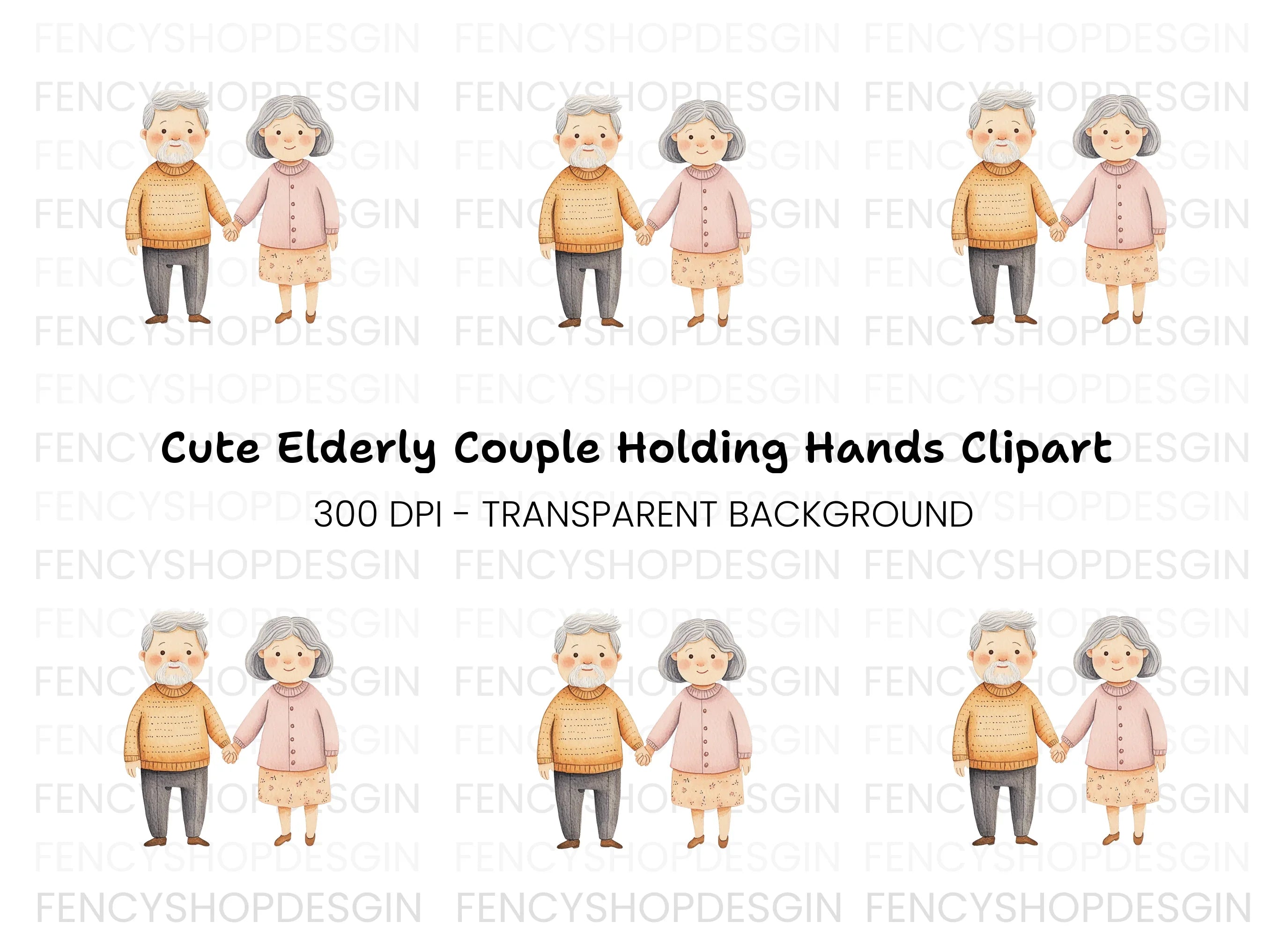 Cute Elderly Couple Holding Hands Clipart Bundle