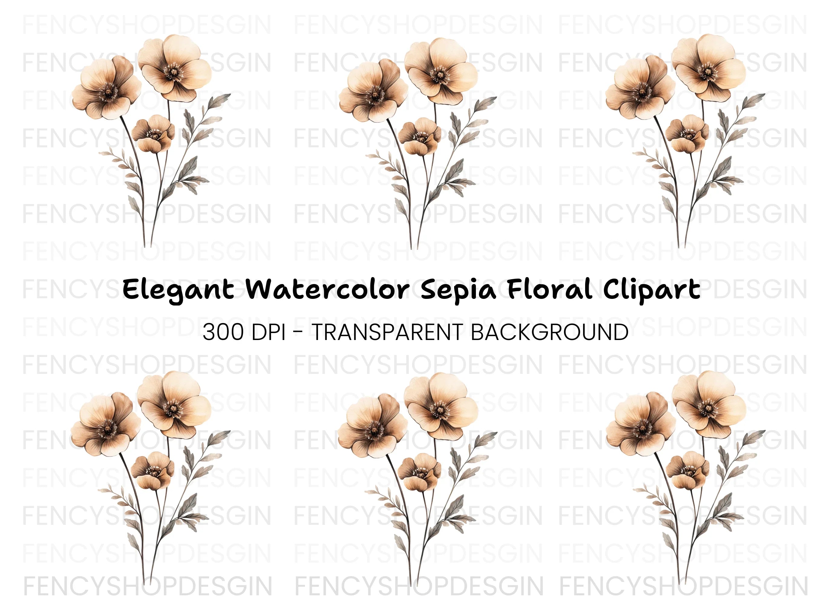 Sepia Flowers Bouquet Clipart Bundle