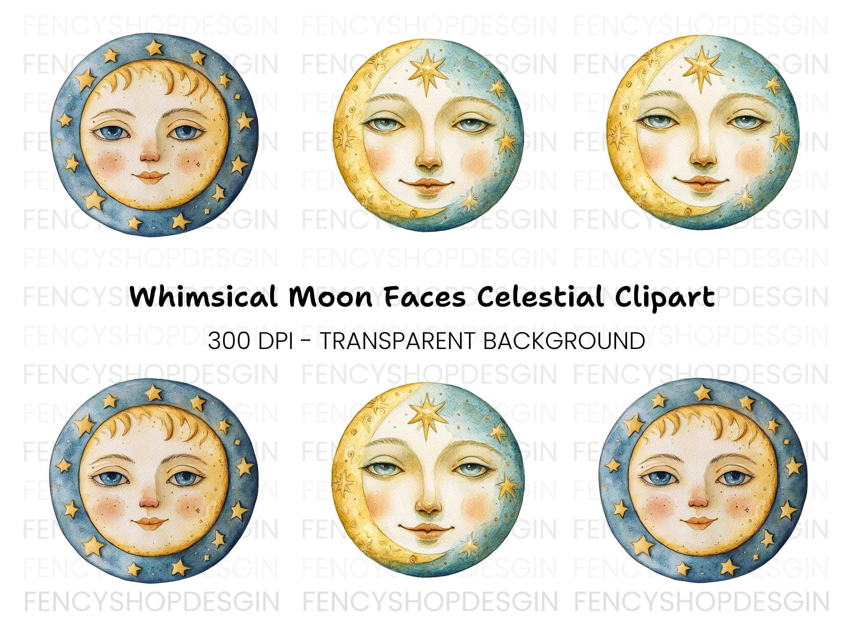 Celestial Moon and Sun Faces Clipart Bundle