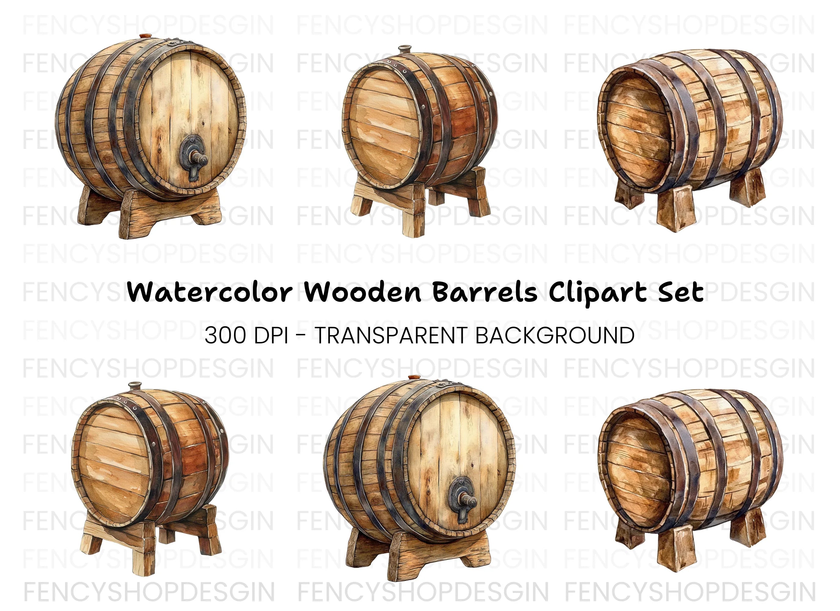 Rustic Wooden Barrels Clipart Bundle