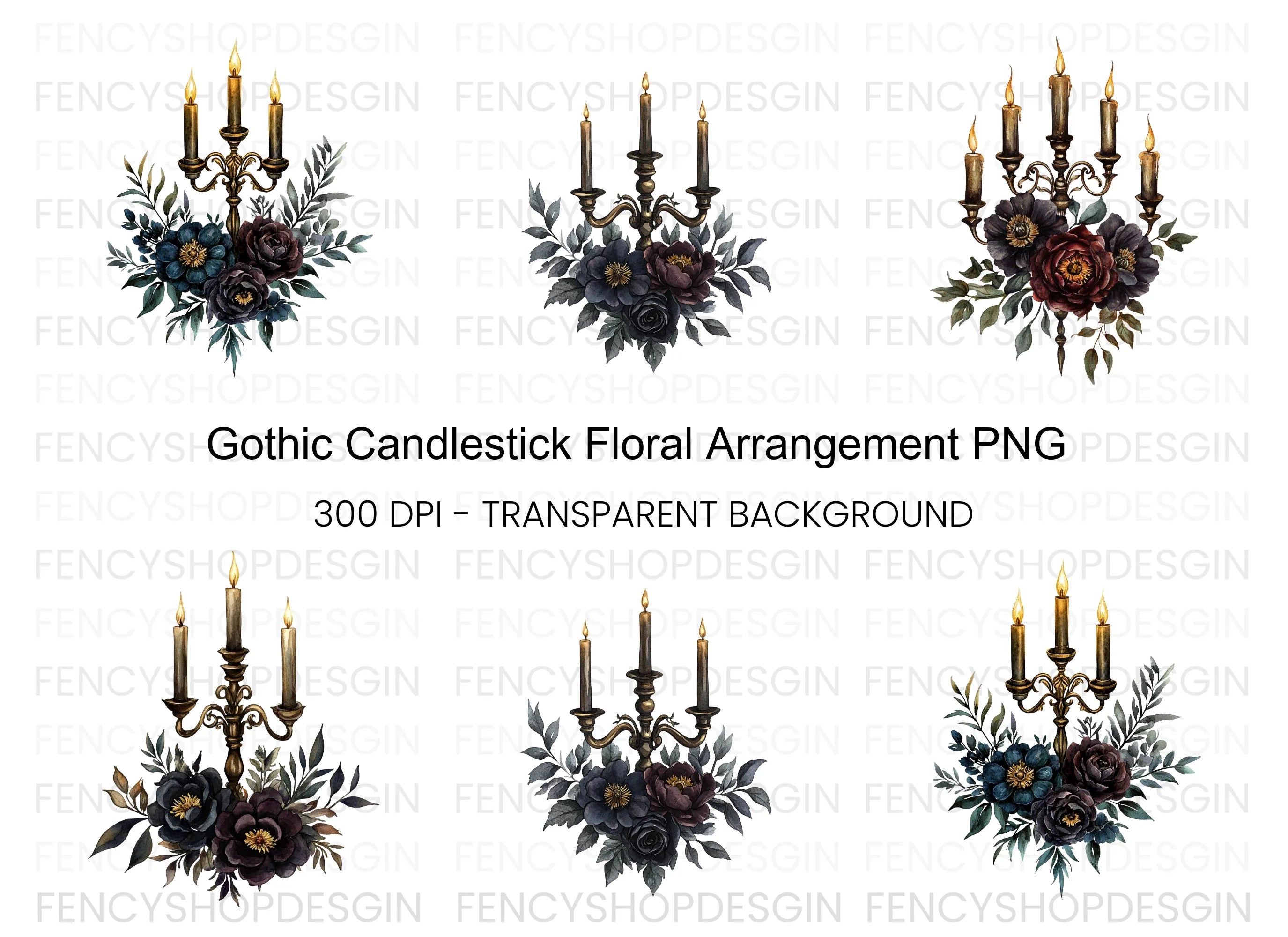 Gothic Candelabra Floral Clipart Bundle