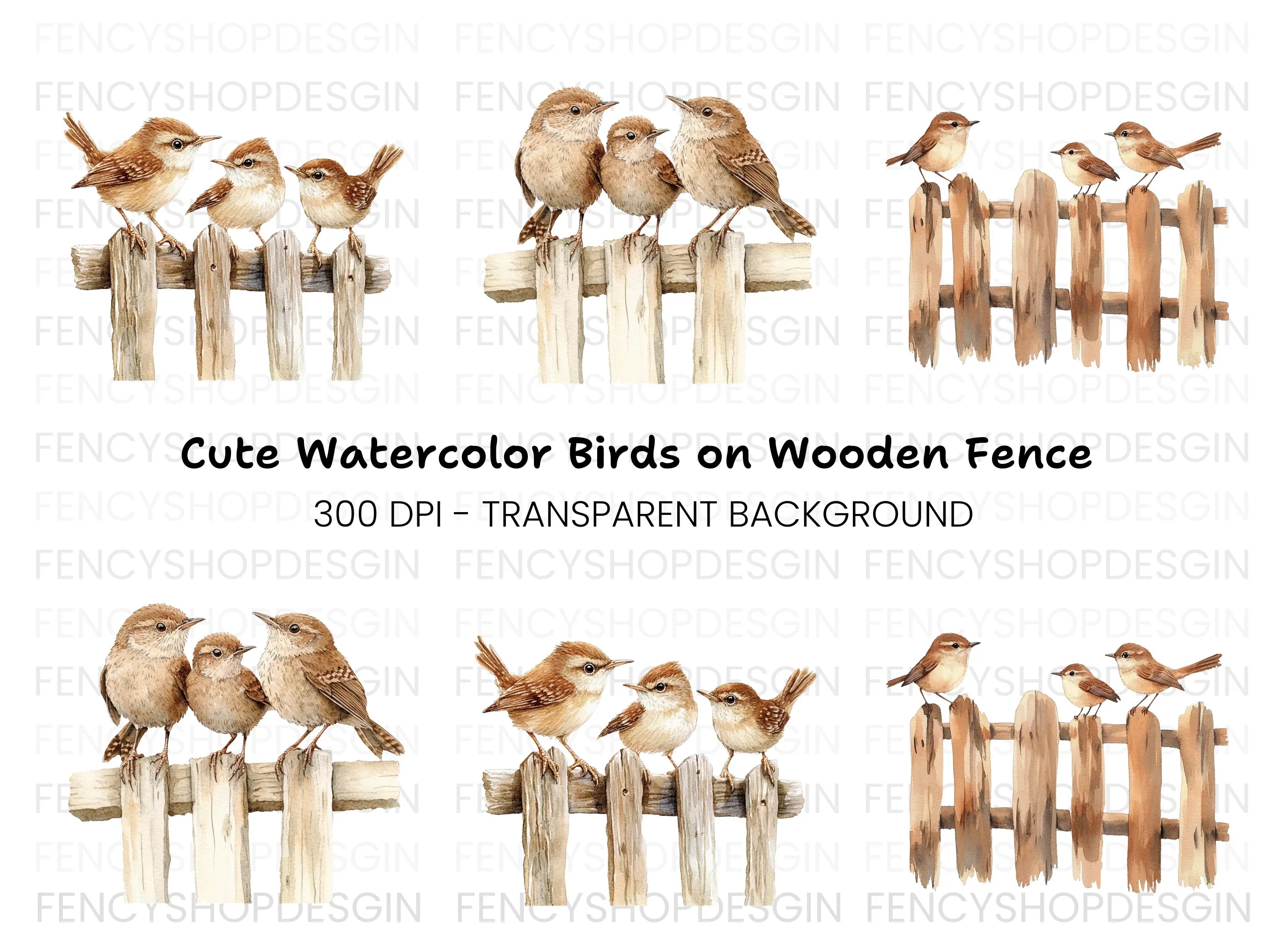 Wren Family on Wooden Fence Clipart Bundle