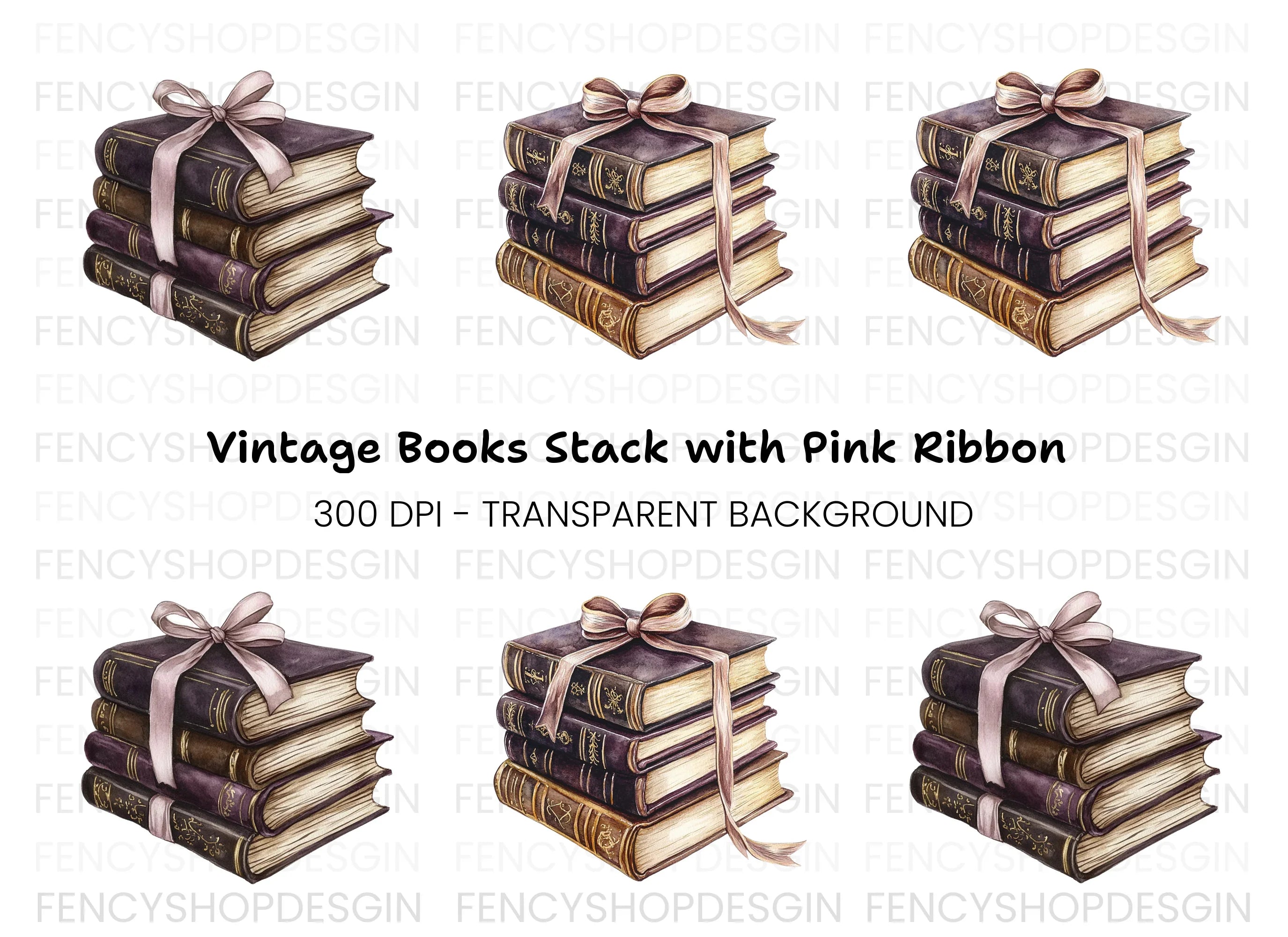 Vintage Stacked Books with Ribbon Clipart Bundle