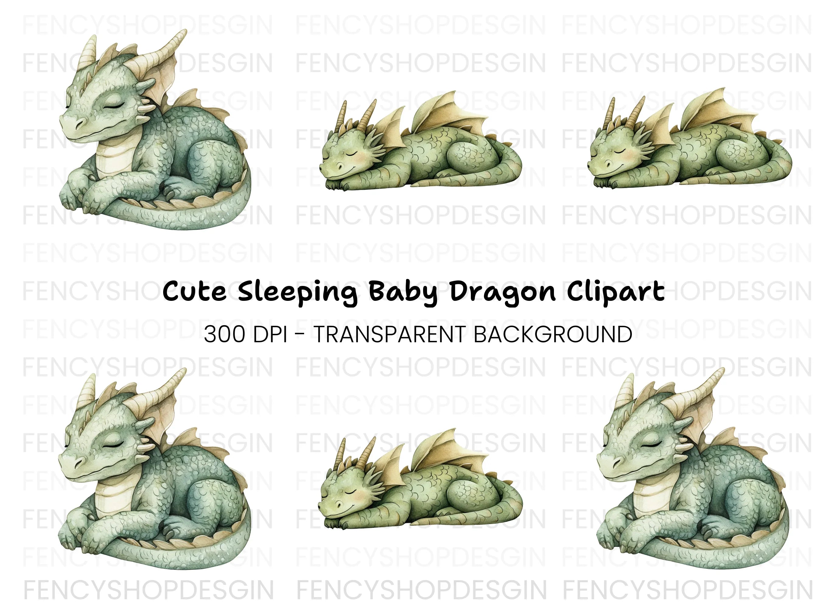 Cute Sleeping Baby Dragon Clipart Bundle