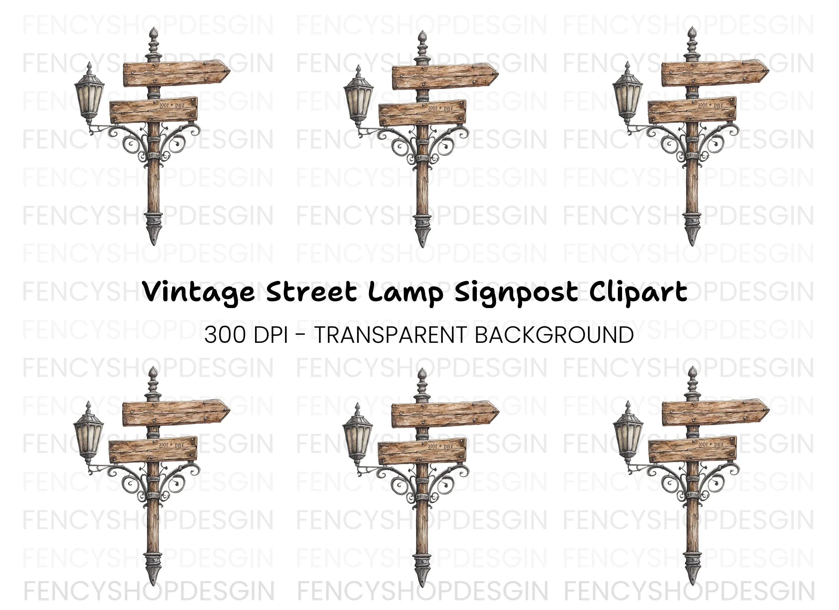 Vintage Wooden Signpost with Lantern Clipart Bundle