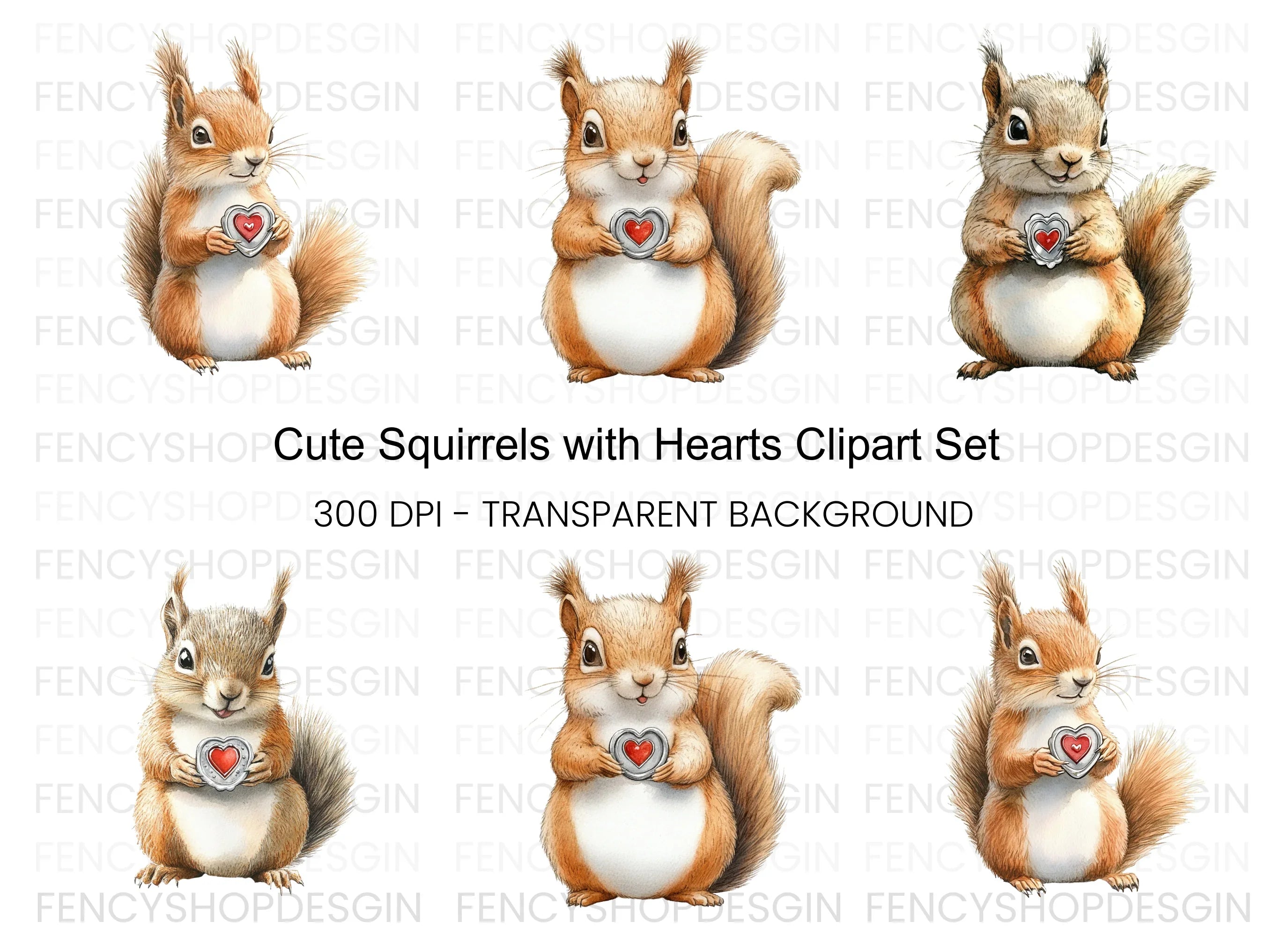 Cute Squirrels with Hearts Clipart Bundle