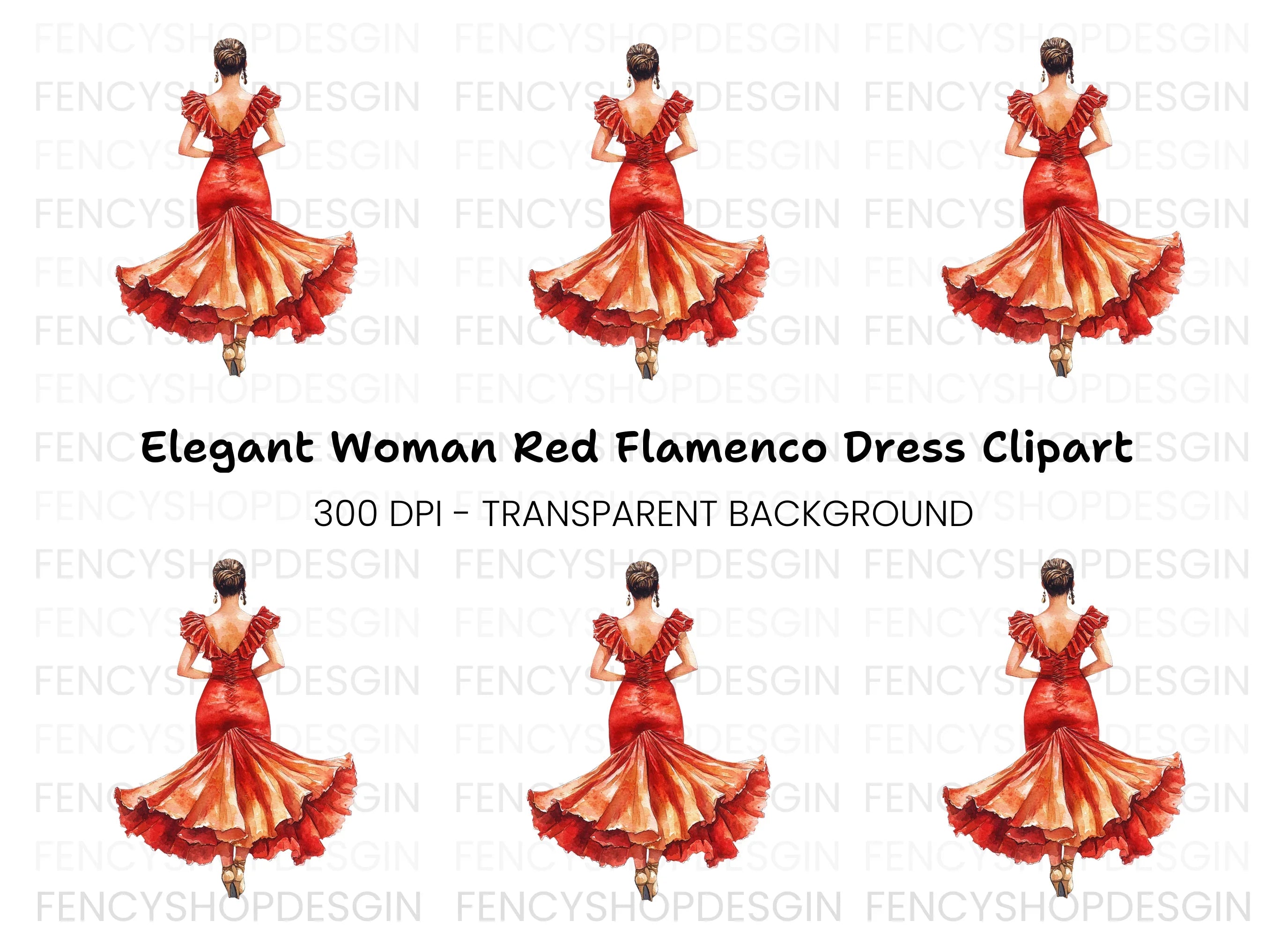 Elegant Woman in Red Gown Back View Clipart Bundle