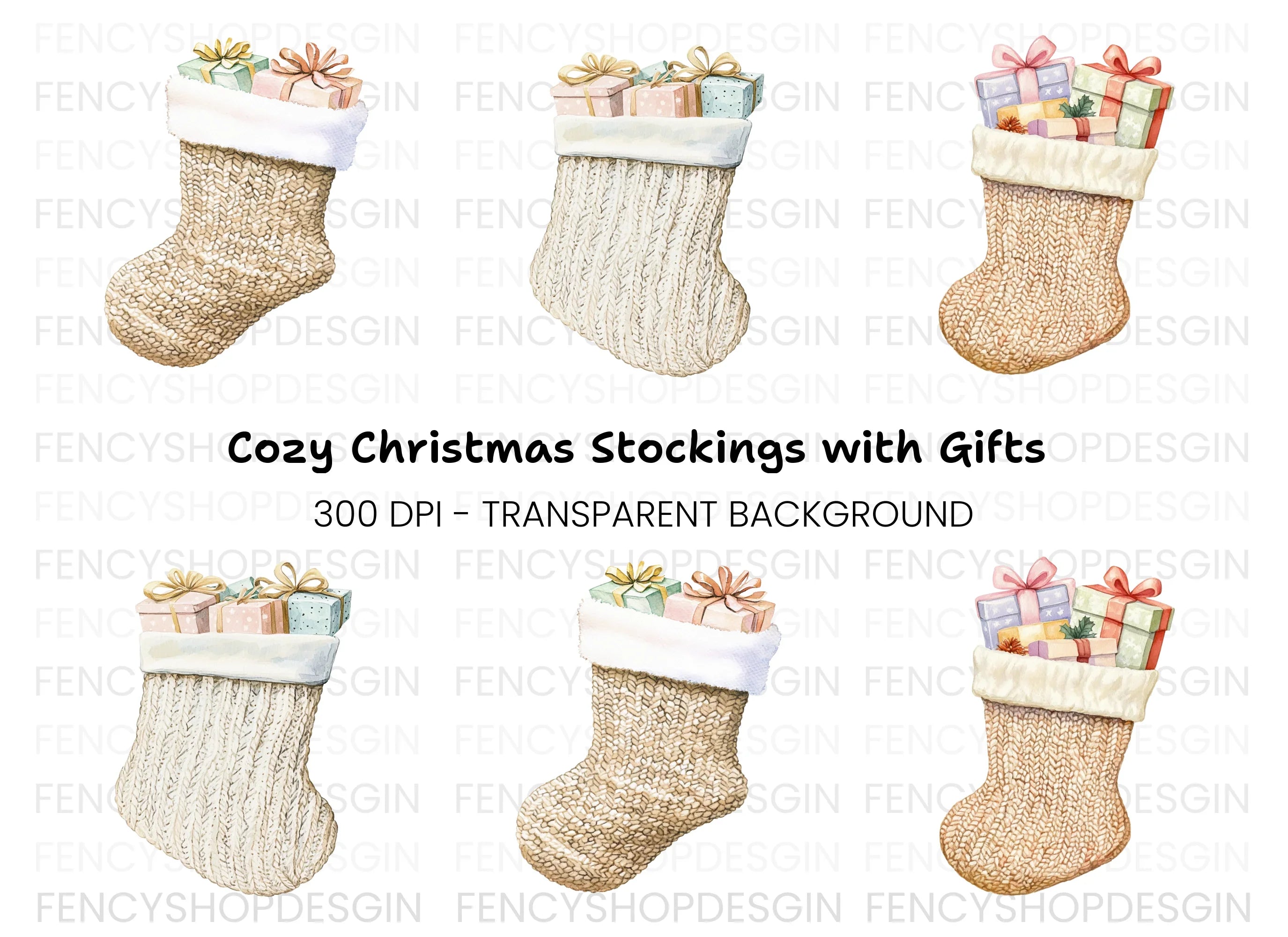 Christmas Stockings with Gifts Clipart Bundle