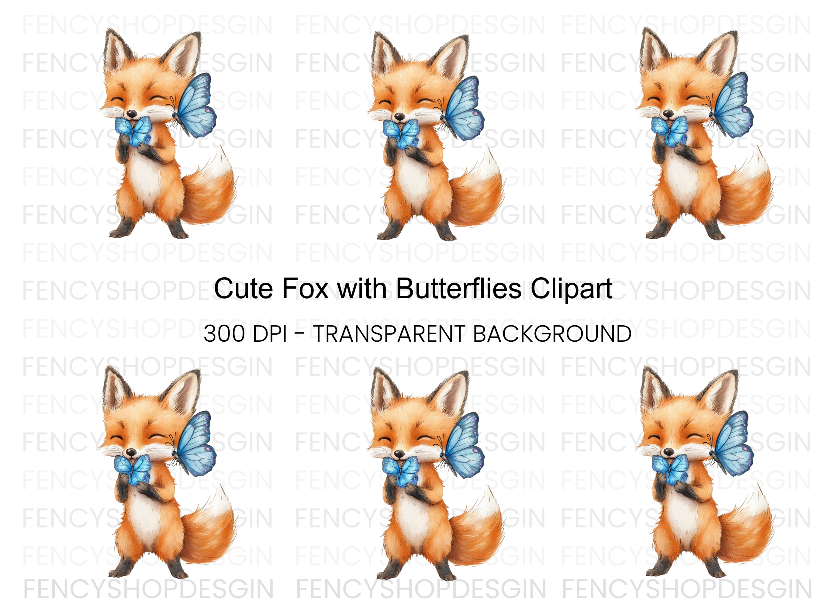 Cute Fox with Blue Butterflies Clipart Bundle