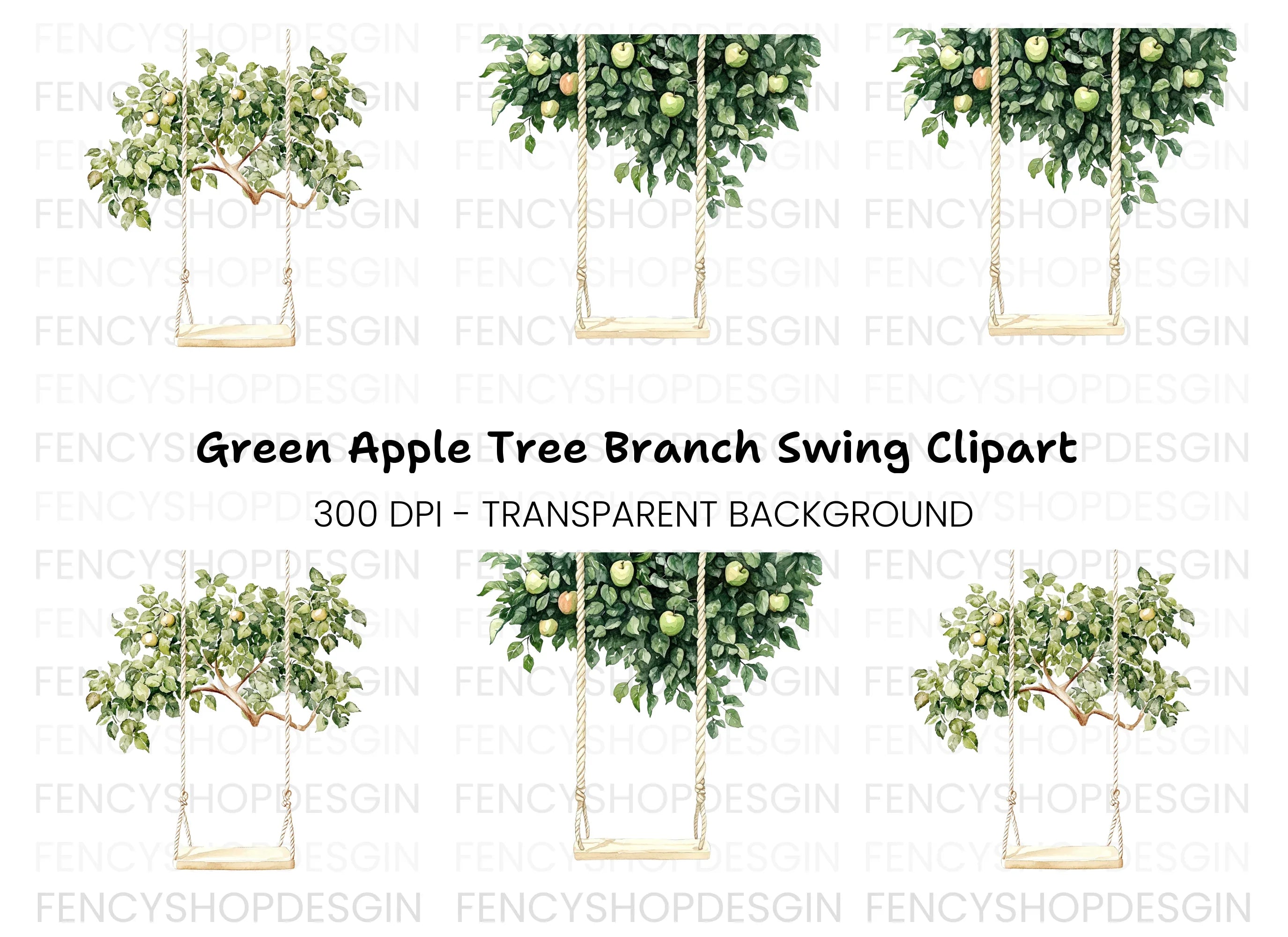 Green Apple Tree Swing Clipart Bundle