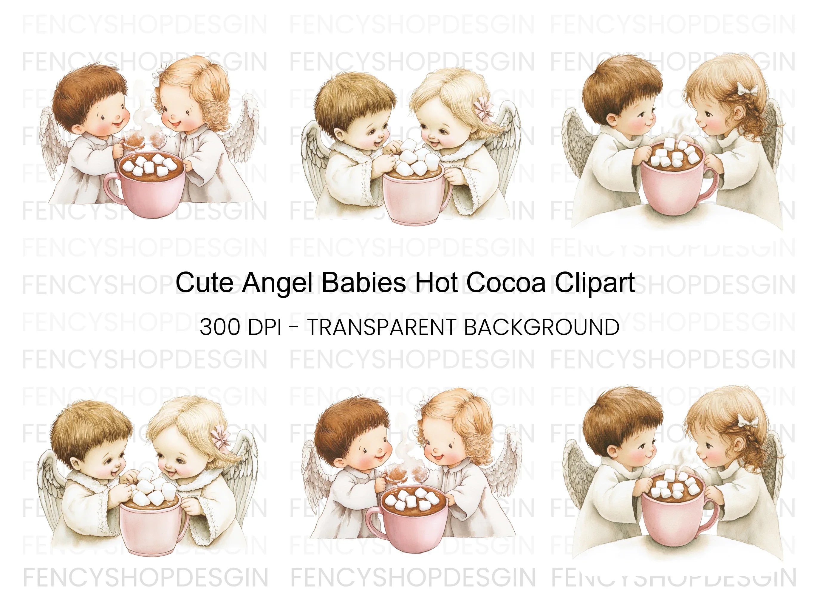 Cute Angels with Hot Cocoa Clipart Bundle