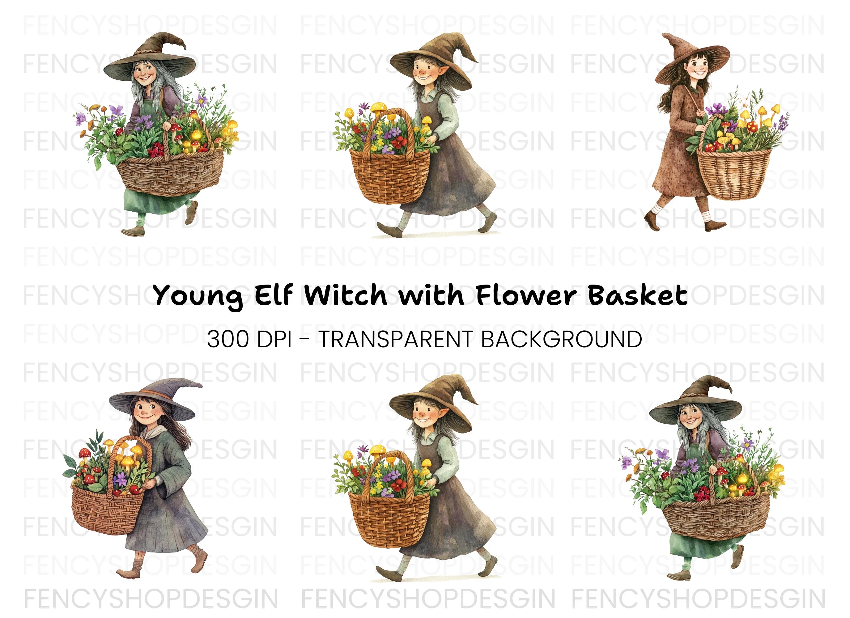 Cute Witches with Flower Baskets Clipart Bundle