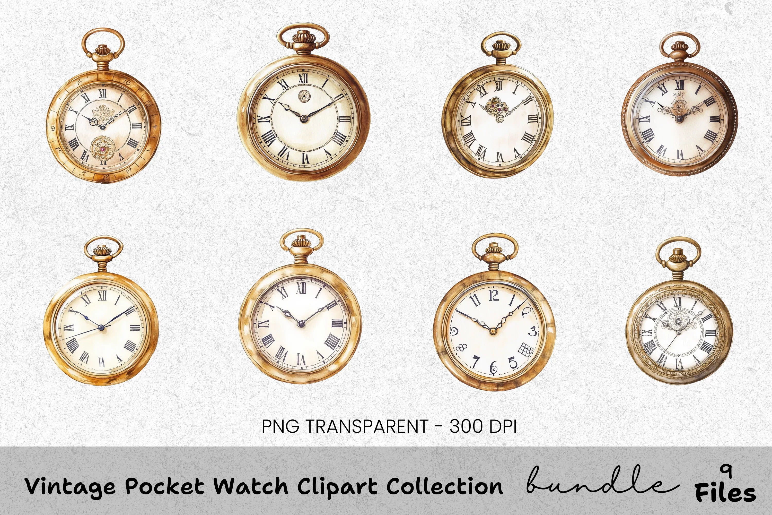Vintage Pocket Watch Clipart Bundle