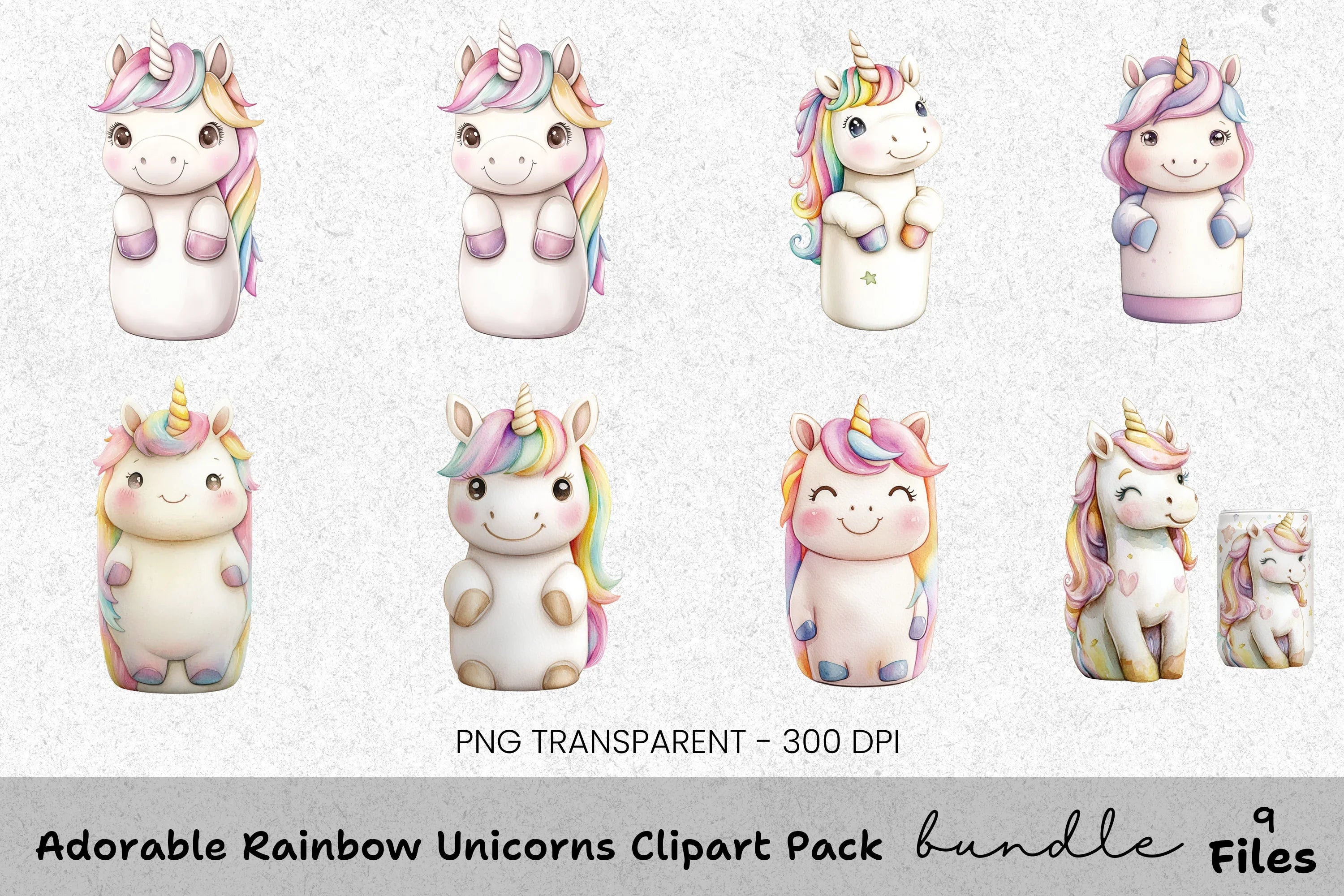 Adorable Rainbow Unicorns Clipart Bundle
