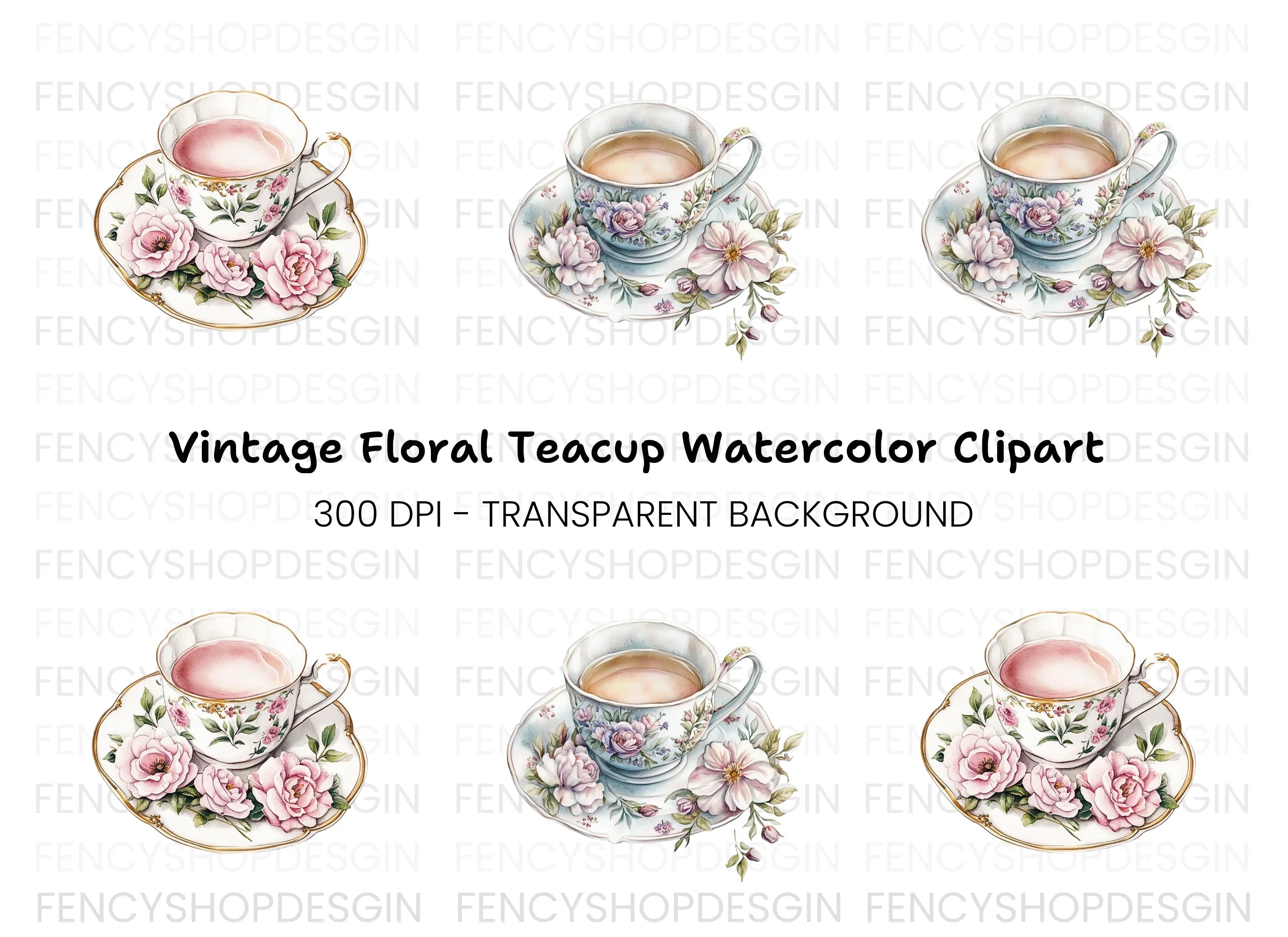 Charming Floral Teacups Clipart Bundle