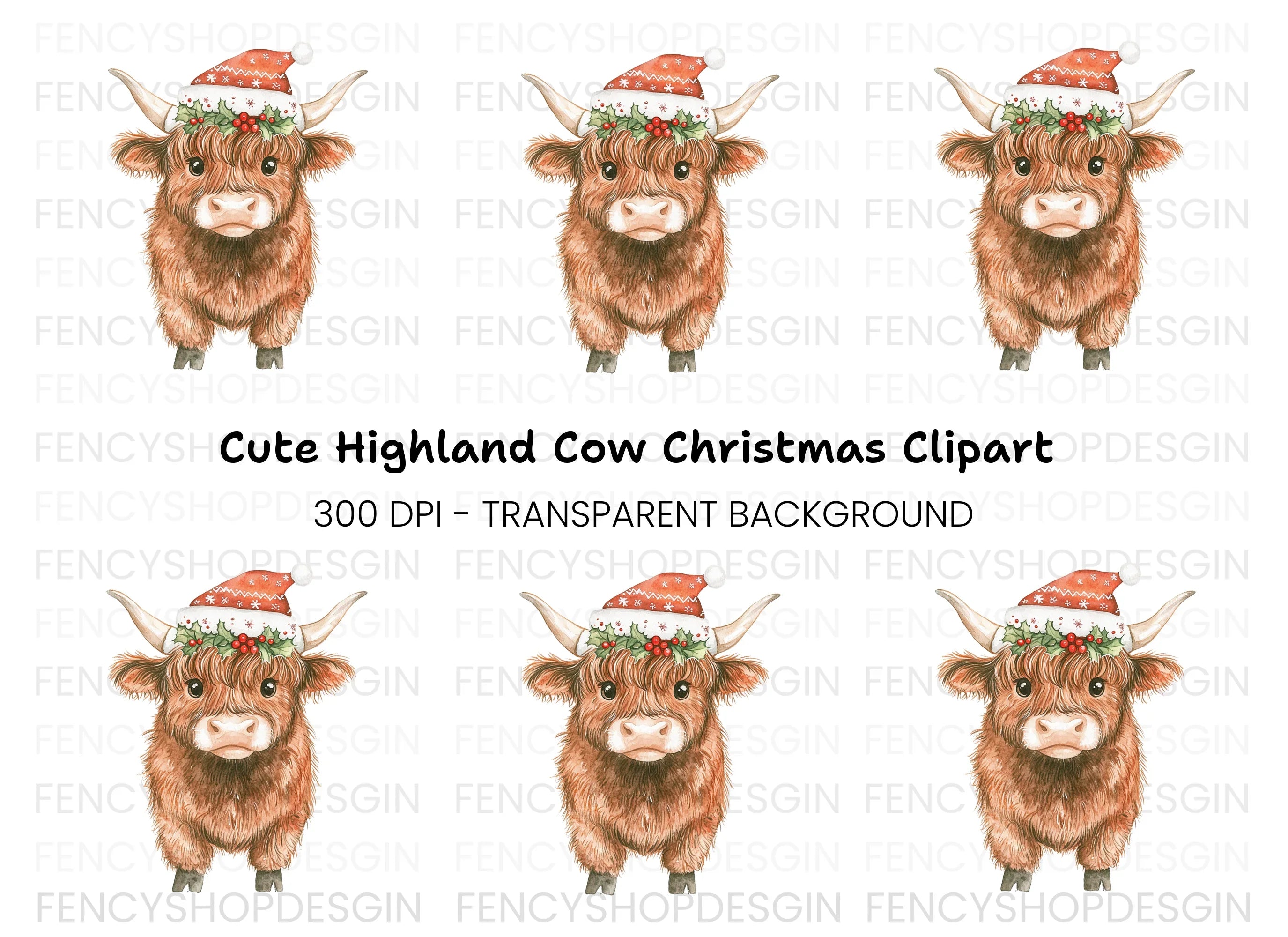 Highland Cow Christmas Hat Clipart Bundle